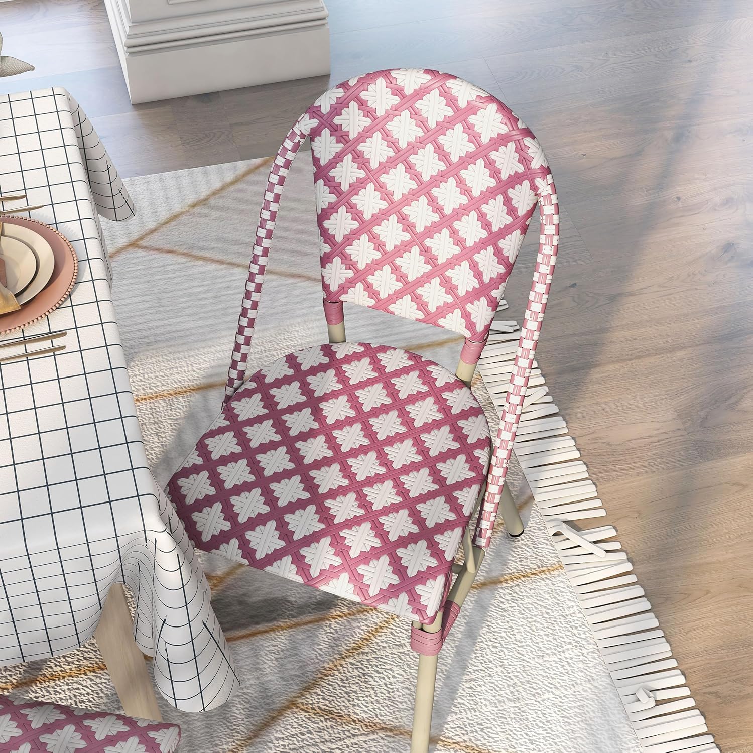 Greemotion USA Misea Coastal Aluminum and All-Weather Wicker 35 in. H Patio Chair Set of 2 for Outdoor Kitchen, Garden, Yard, Poolside, Pink and Natural