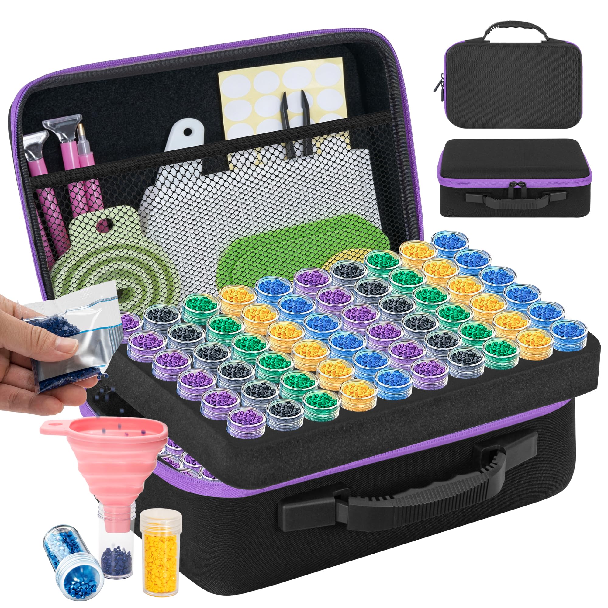 TORIBIO 120 Stück 5D Diamond Painting Zubehör Boxen, Schwarz&Violett | Diamant Painting Aufbewahrungsbox mit Stiften Trichter Stickers, Diamant Painting Zubehör Organizer für DIY Kunsthandwerk