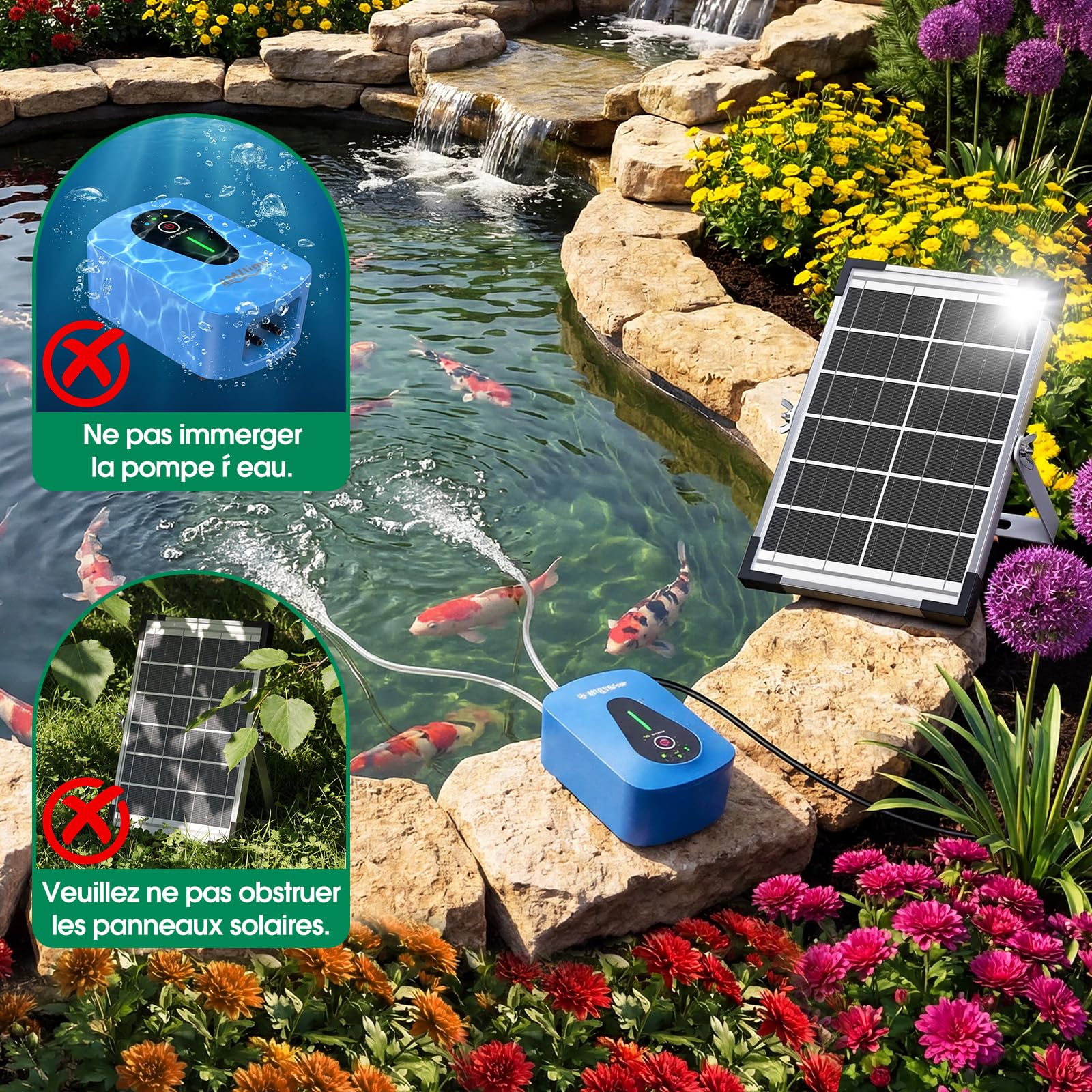 AMZtime 8 W Pompe à oxygène à Double Pompe, Pompe à oxygène Solaire avec Batterie, 3 Modes et 4 Pierres à Bulles, adaptée aux bassins de Jardin, à la pêche et à la Culture hydroponique