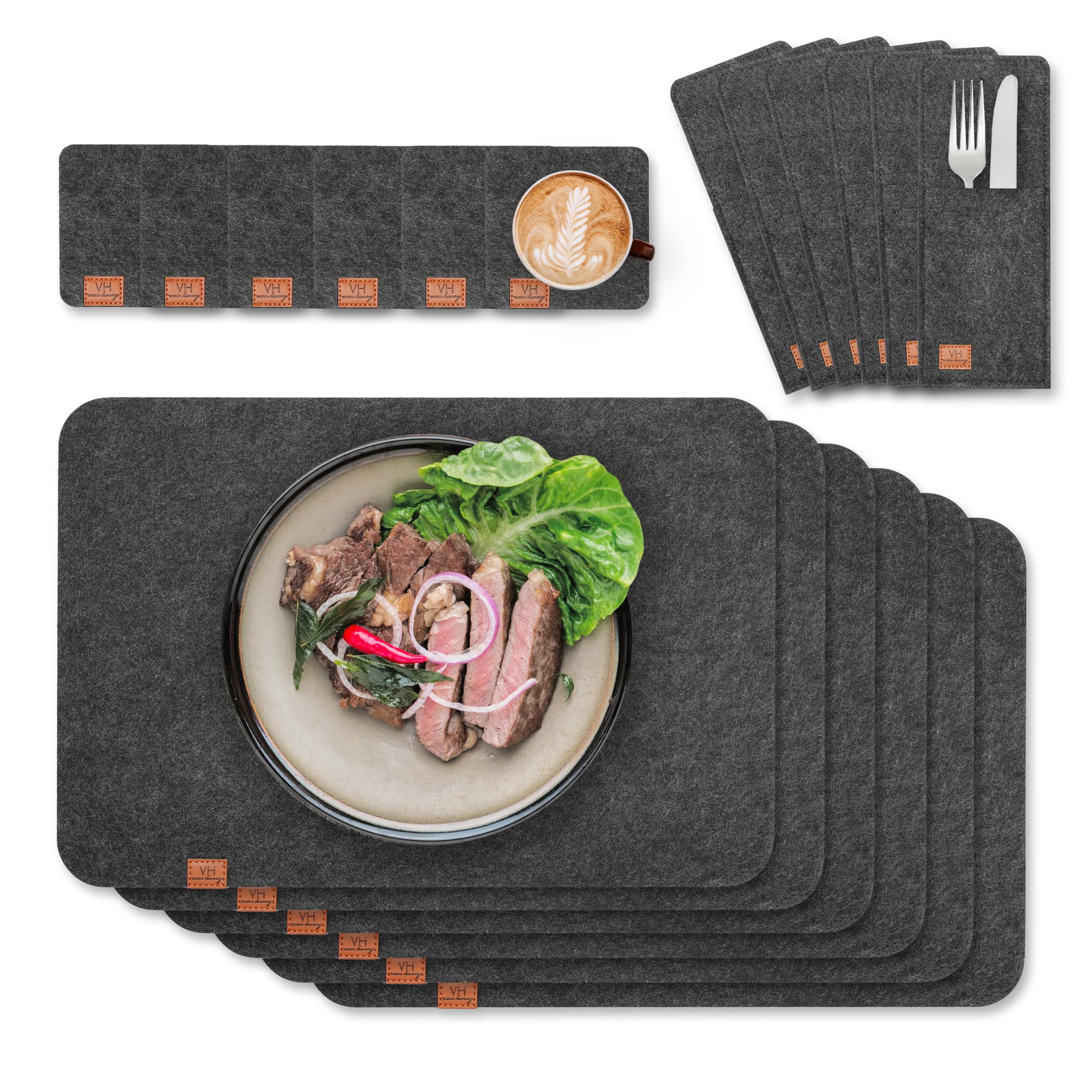 Van Henry Felt Placemats, cutlery pockets and glass coaster - Washable and heat resistant, Dark grey - 18 pcs.