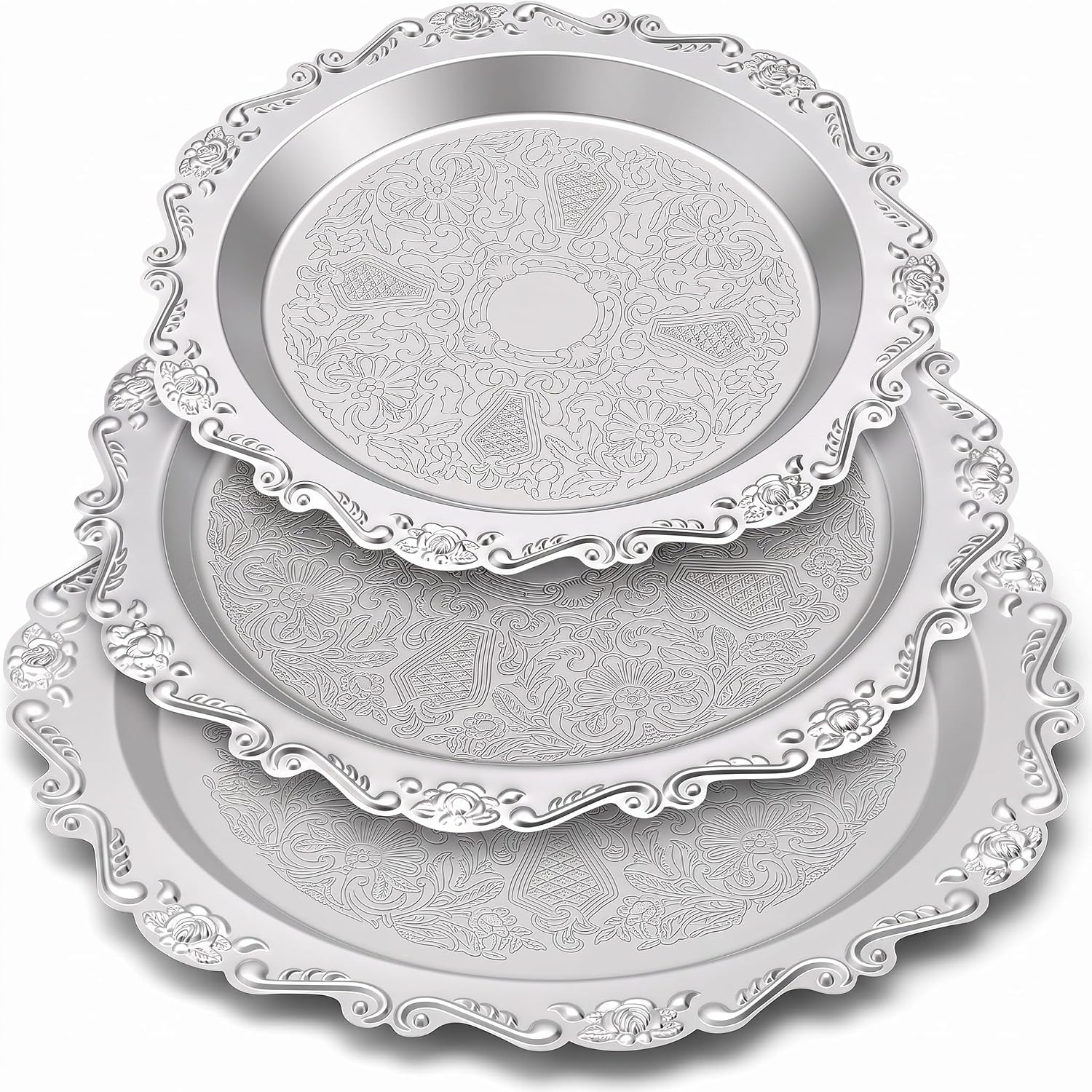 Rtteri 3 Pack Silver Serving Trays Set 8''/10''/12'' Vintage Embossed Round Coffee Table Platters Party Decor Metal Plates Silver Plated Jewelry Display Plates for Wedding Dessert Fruit(Baroque)