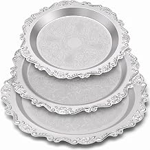 Rtteri 3 Pack Silver Serving Trays Set 8''/10''/12'' Vintage Embossed Round Coffee Table Platters Party Decor Metal Plates Silver Plated Jewelry Display Plates for Wedding Dessert FruitBaroque