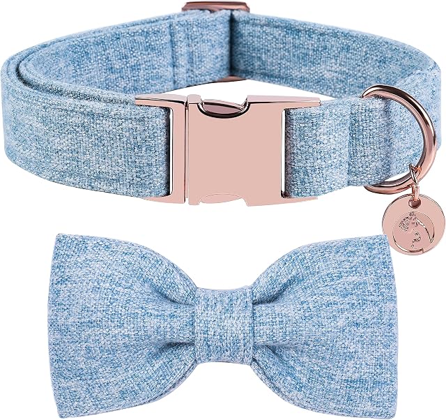 DOGWONG Cotton Dog Collar with Bow Blue Pet Collar Durable Adjustable for Small Medium Large Dogs