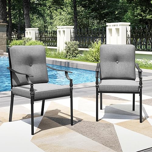 Miniatura 18 de PHI VILLA Juego de comedor al aire libre de 7 piezas para 6, mesa de comedor rectangular de acero negro con sillas fijas y giratorias de hierro,