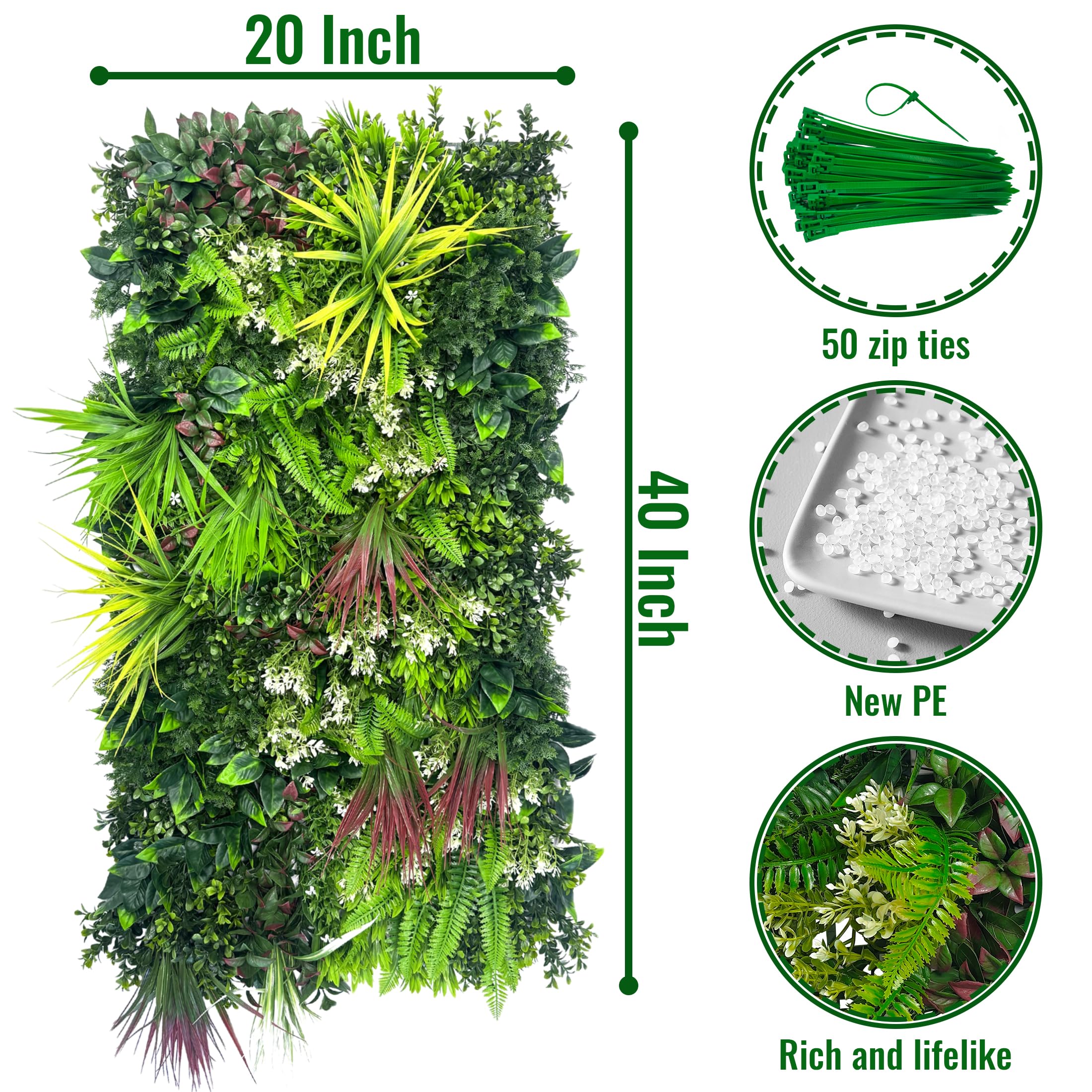 ODTORY Paneles de pared para plantas, 40 x 20 pulgadas, telón de fondo de pared de césped artificial, pantalla de privacidad con protección UV, pantalla de valla de seto de hojas verdes falsas para