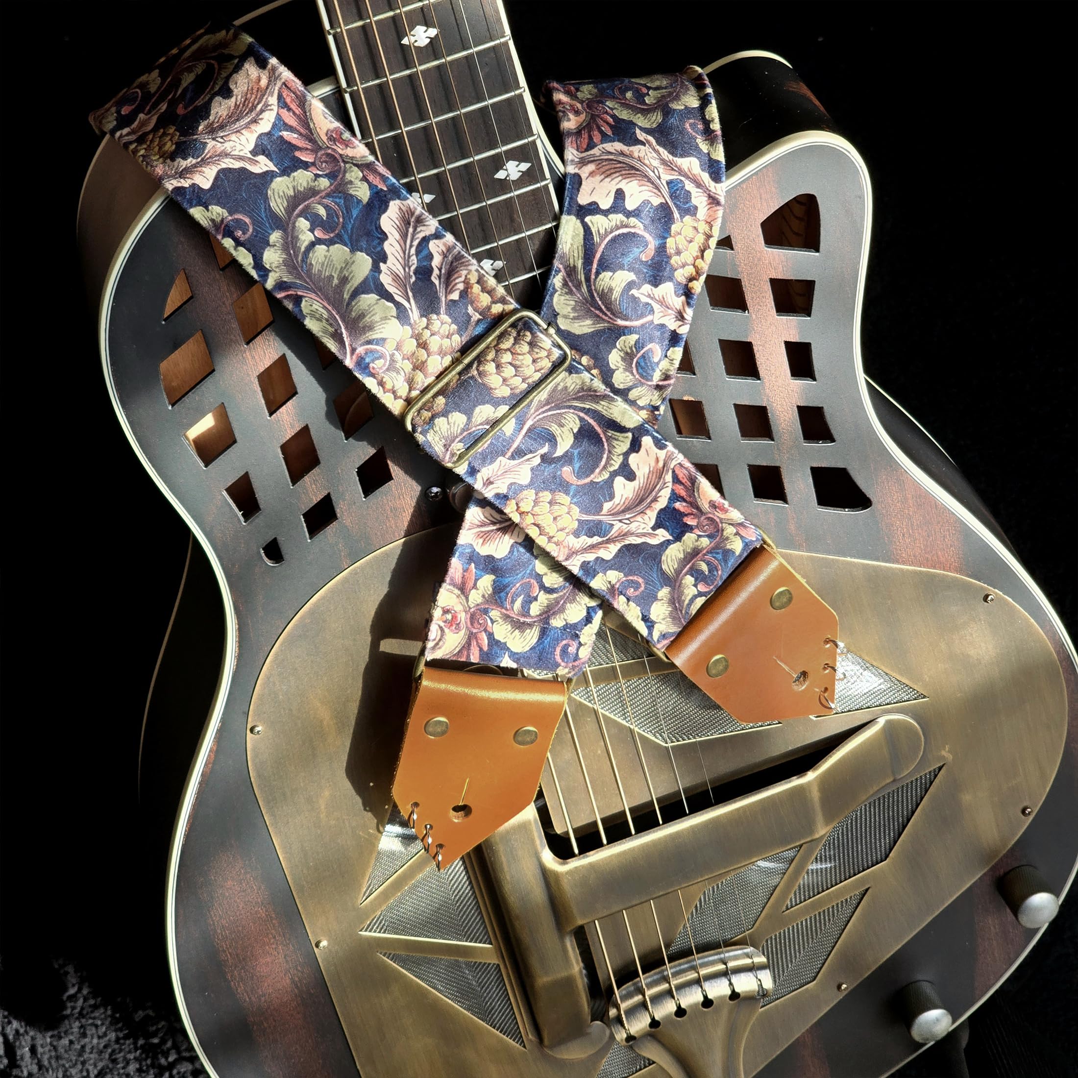 BigBo Vintage Gitarrengurt Retro Design mit Lederenden Velours, Blau & Braun Gitarrengurt