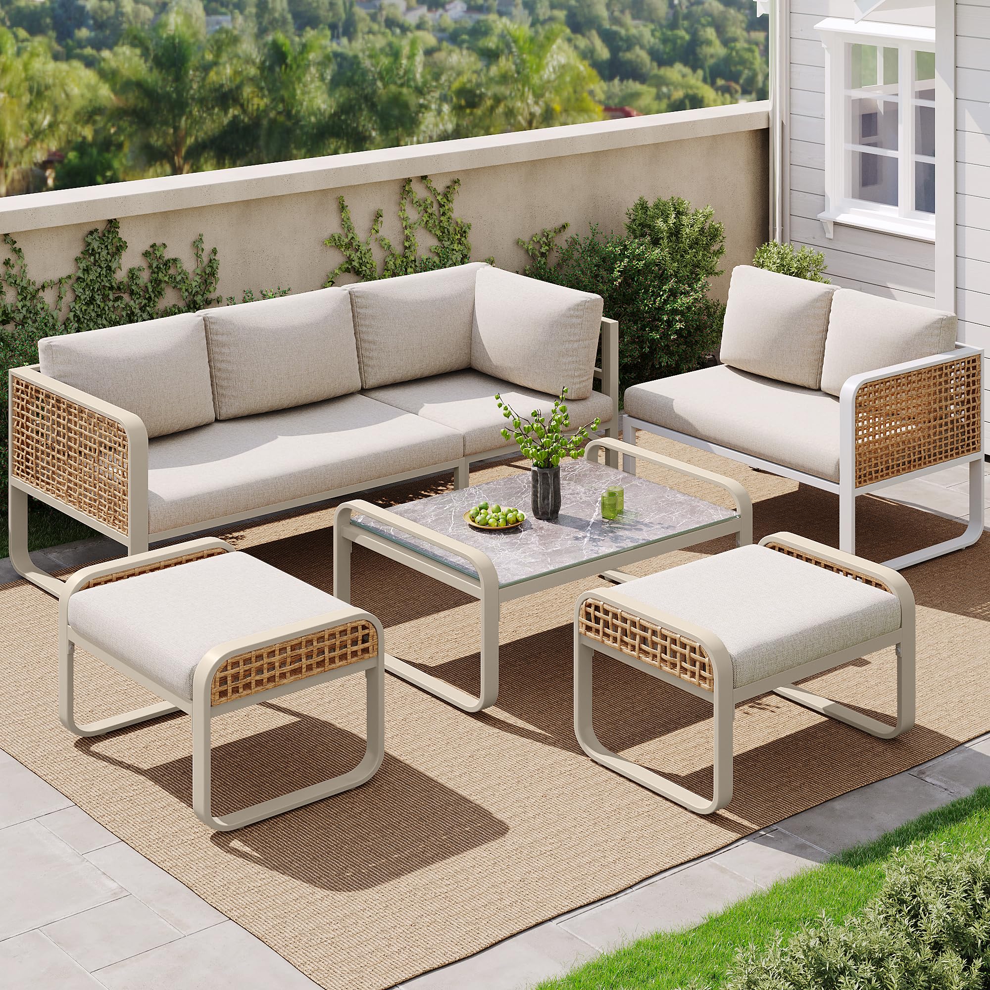 Set divano angolo rattan ferro zincato 120x61x69 cm beige per 6-7 persone