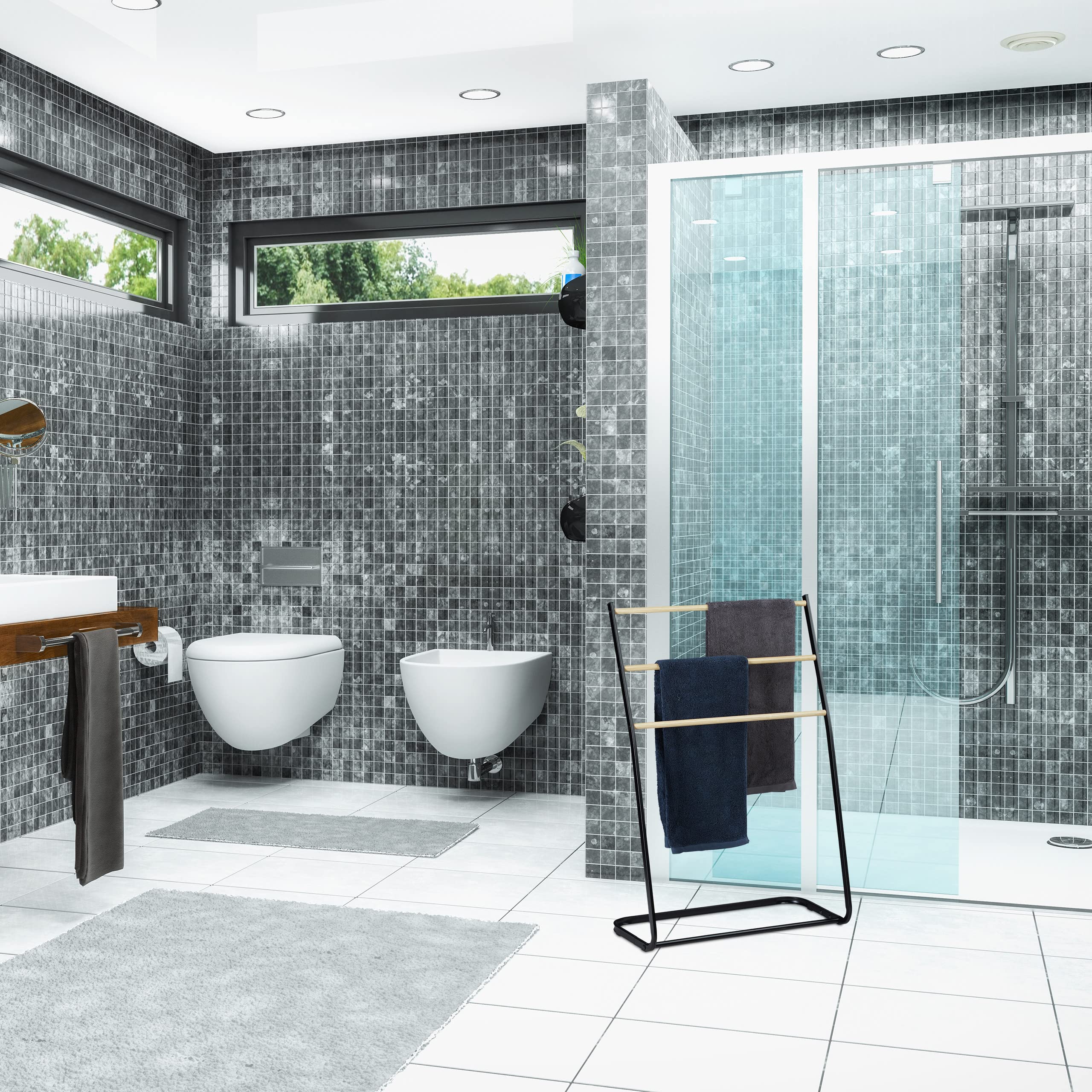 Relaxdays, noir Porte pieds, échelle, escalier 3 barres, métal bois support serviette bain, 86x58x30 cm, fer, 1 élément