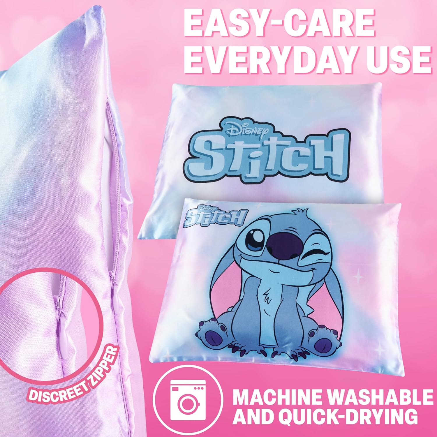 Get Trend Disney Stitch Silky Satin Pillowcase 19x26in, Officially Licensed Smooth Soft Glossy Zipped Pillow Covers for Hair and Skin Beauty, Gifts for Girls, Teens (Multi Stitch)