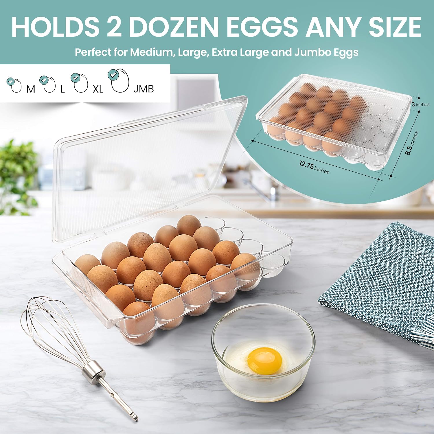 Home Intuition Clear Plastic Stackable 24 Egg Bin Holder Tray Container for Refrigerator with Lid