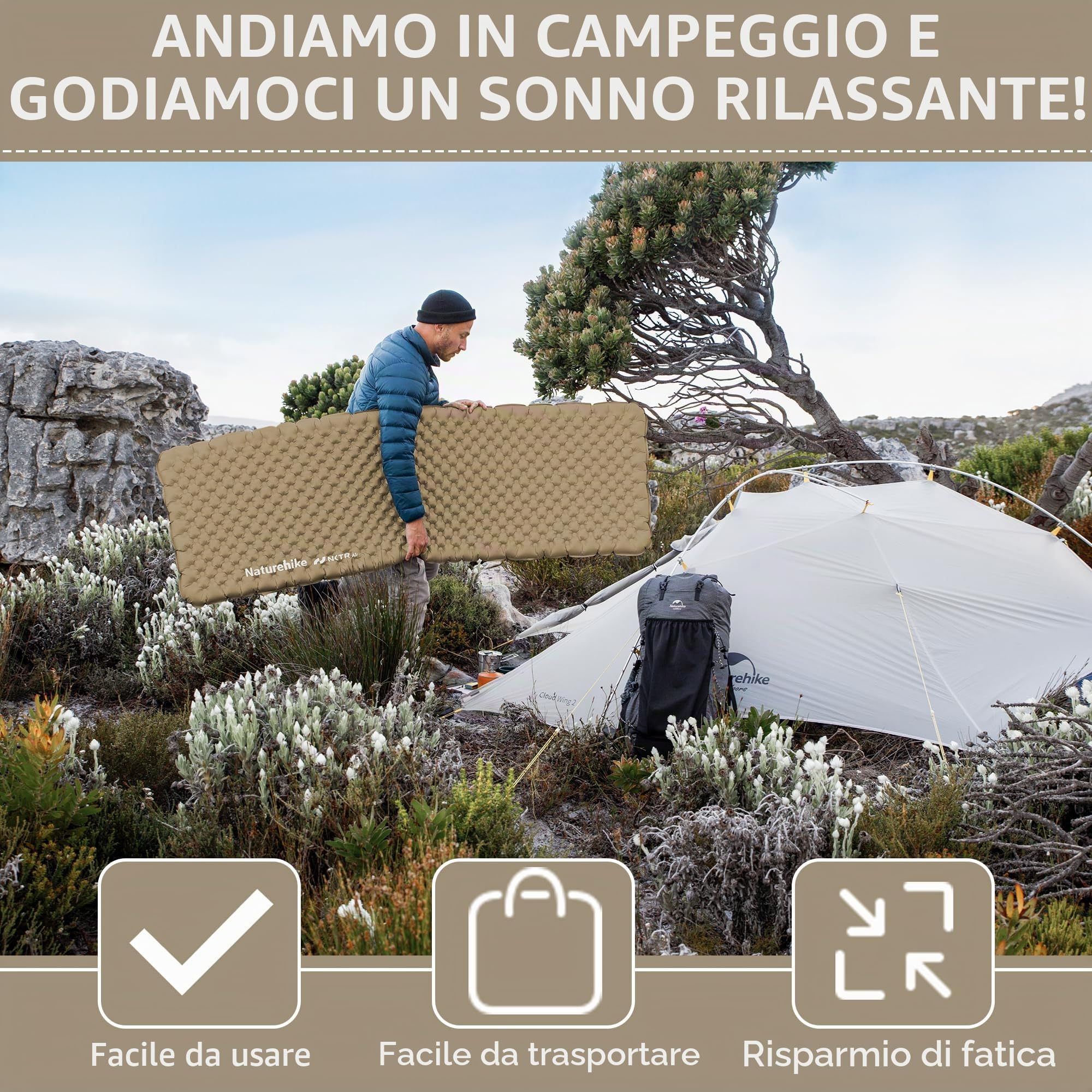 Naturehike Materassino da Campeggio Ultraleggero Materassino Autogonfiante Gonfiabile Portatile Impermeabile Durevole con Valore 3.2 R per Trekking Escursionismo Zaino in Spalla