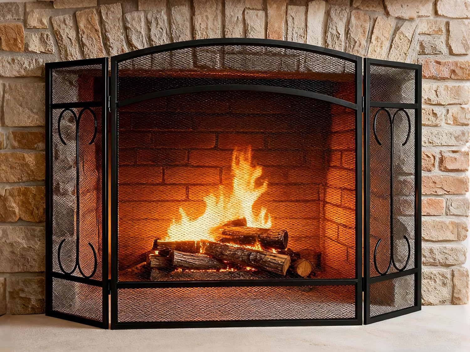 Gtongoko 3 Panel Fireplace Screen 48" W x 29" H Modern Wrought Iron Decorative Large Fire Spark Guard Grate Heavy Duty for Living Room Home Outdoor Decor - Black