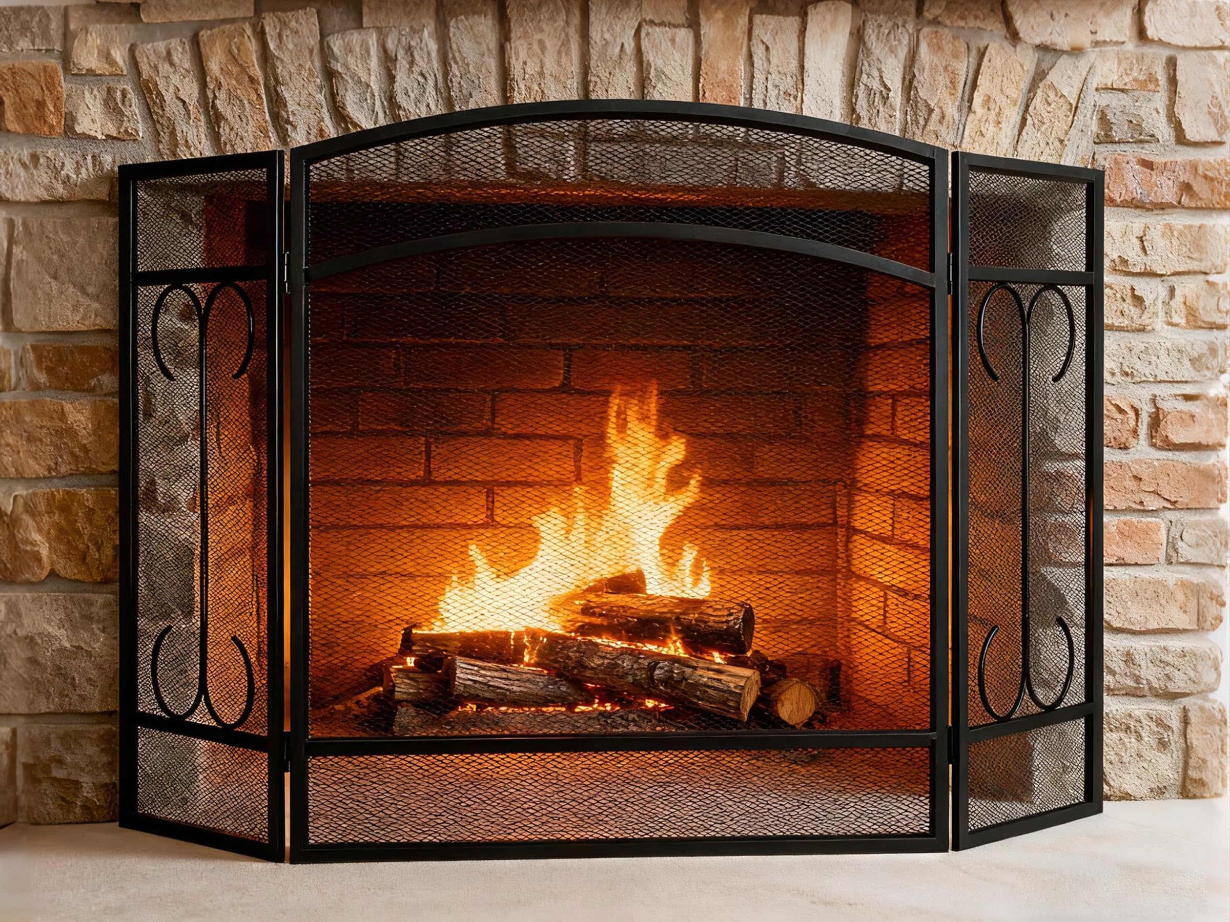 Gtongoko 3 Panel Fireplace Screen 48" W x 29" H Modern Wrought Iron Decorative Large Fire Spark Guard Grate Heavy Duty for Living Room Home Outdoor Decor - Black