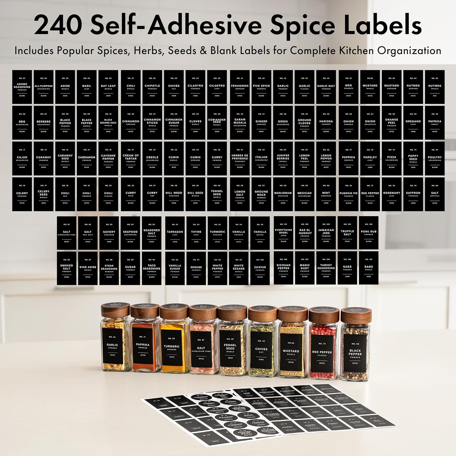 EDELHAUS® Square Spice Jars with Acacia Wooden Lid (Pack of 24) Spice Jars with Shaker Insert and 240 Labels - Acacia Lids Glass Container for Spice Organisation [4.3 in × 1.8 in]