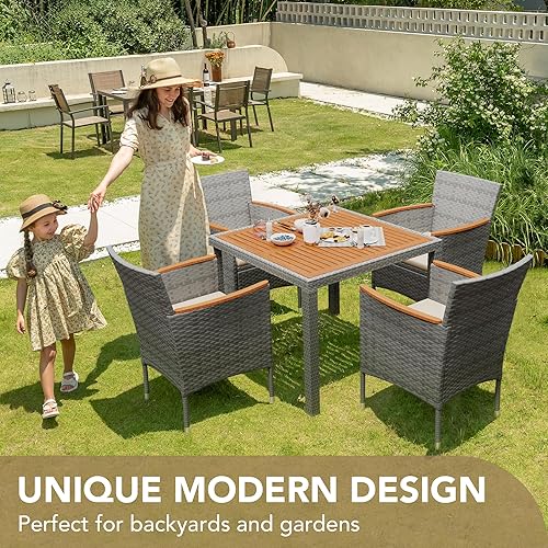 Miniatura 3 de Devoko Juego de 5 muebles, conversación de patio con parte superior de madera de acacia, mesa de comedor al aire libre de ratán y sillas para patio