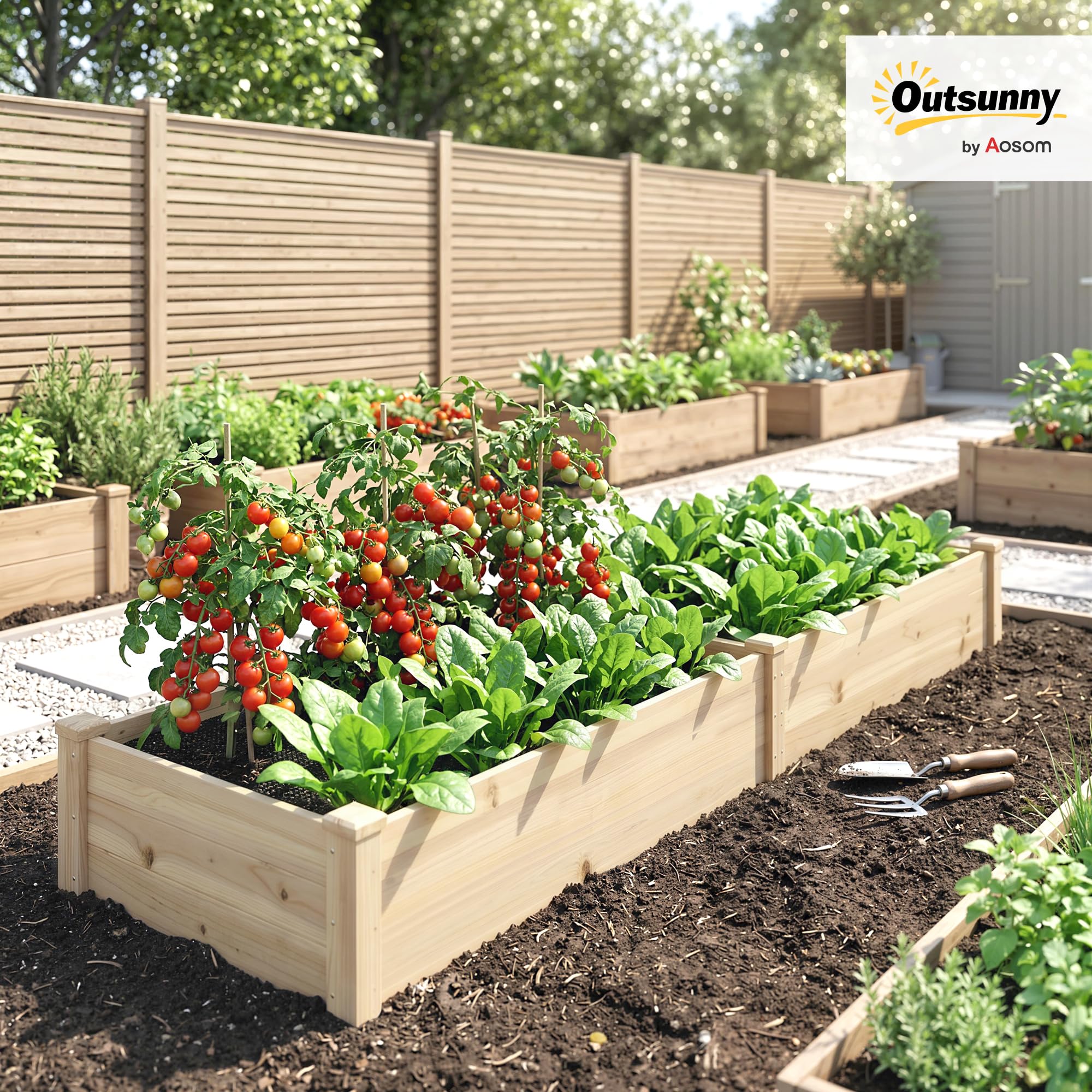 Outsunny Carré Potager de Jardin dim. 244 x 61,5 x 27 cm Feutre de Drainage, séparation Inclus Bois de Sapin