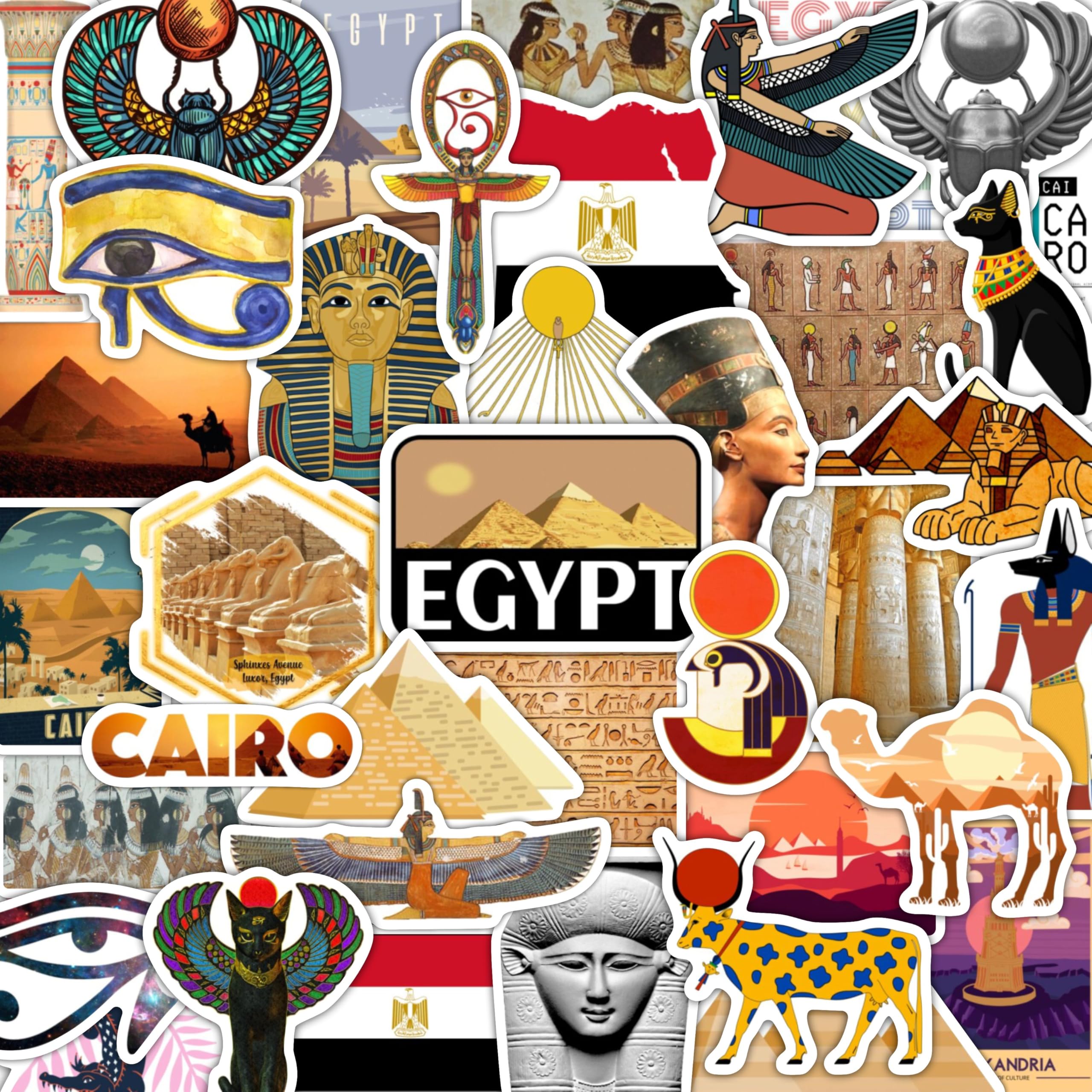 BulbaCraft 100Pcs Egypt Stickers for Water Bottle and Laptop - Egyptian Party Supplies & Decorations, Waterproof Vinyl Decals, Ancient Egypt History