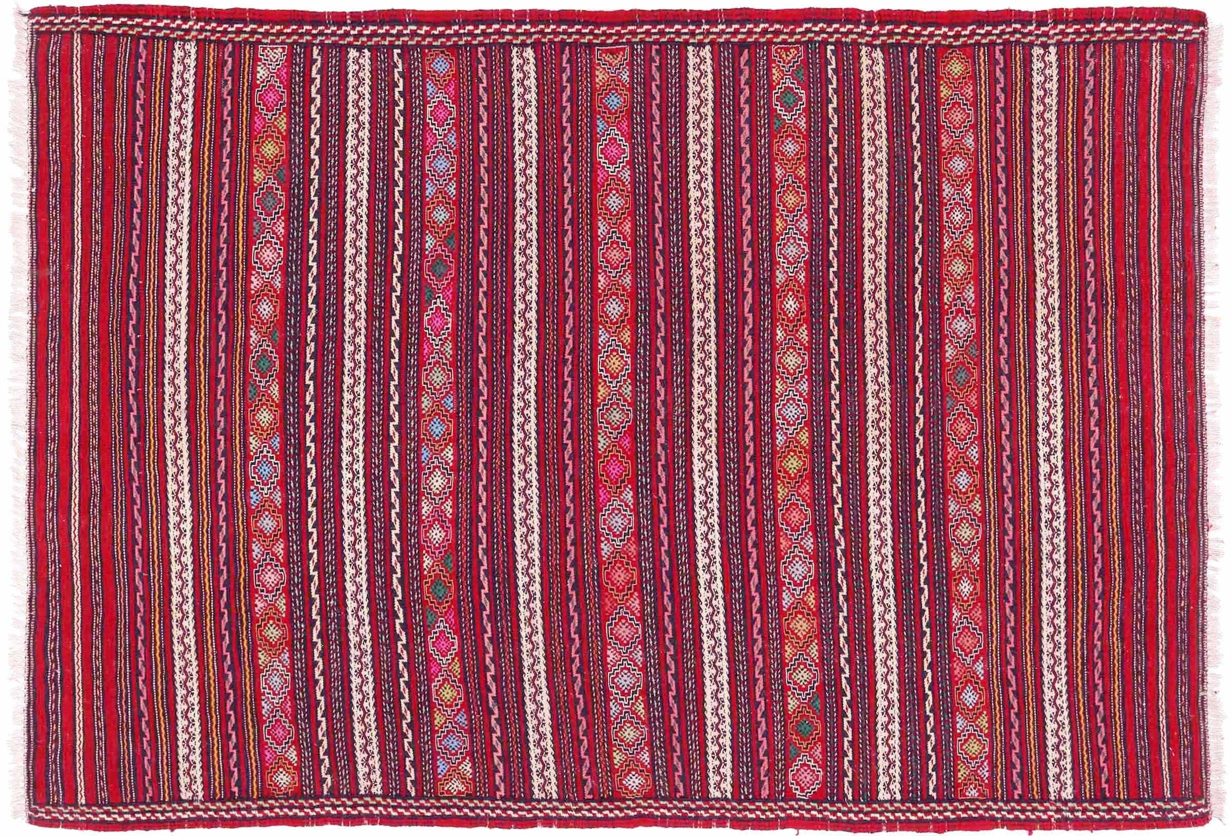 Tapis Kelim Soumakh Ghalmuri d'Orient rouge tissé main en laine 100 x 150 cm