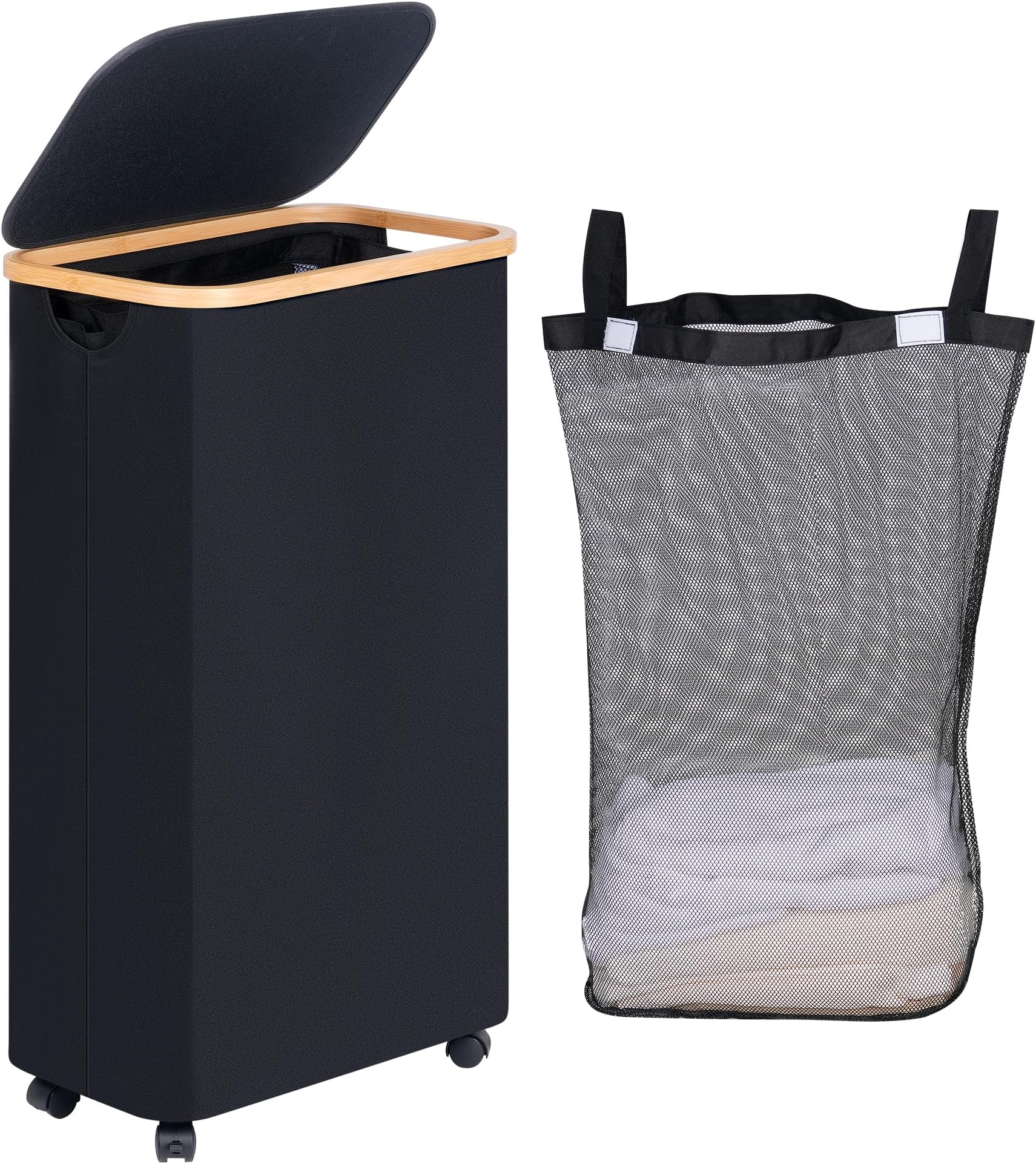efluky Slim Laundry Basket with Wheels, Narrow Rolling Laundry Hamper with Lid and Removable Bag, Aesthetic Dirty Clothes Hamper on Wheels for Laundry Room, Bedroom, Dorm and Bathroom, 75L Dark Black