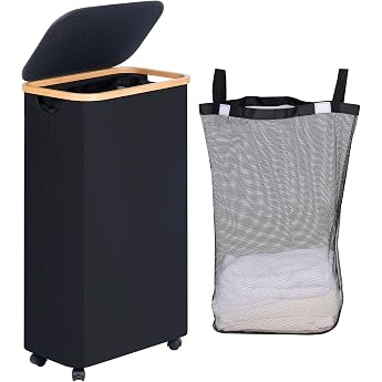 efluky Laundry Basket with Wheels 75L Slim Laundry Basket with Lid Black Foldable Laundry Container with Bamboo Handles and Removable Bag for Bedroom Bathroom Laundry Room