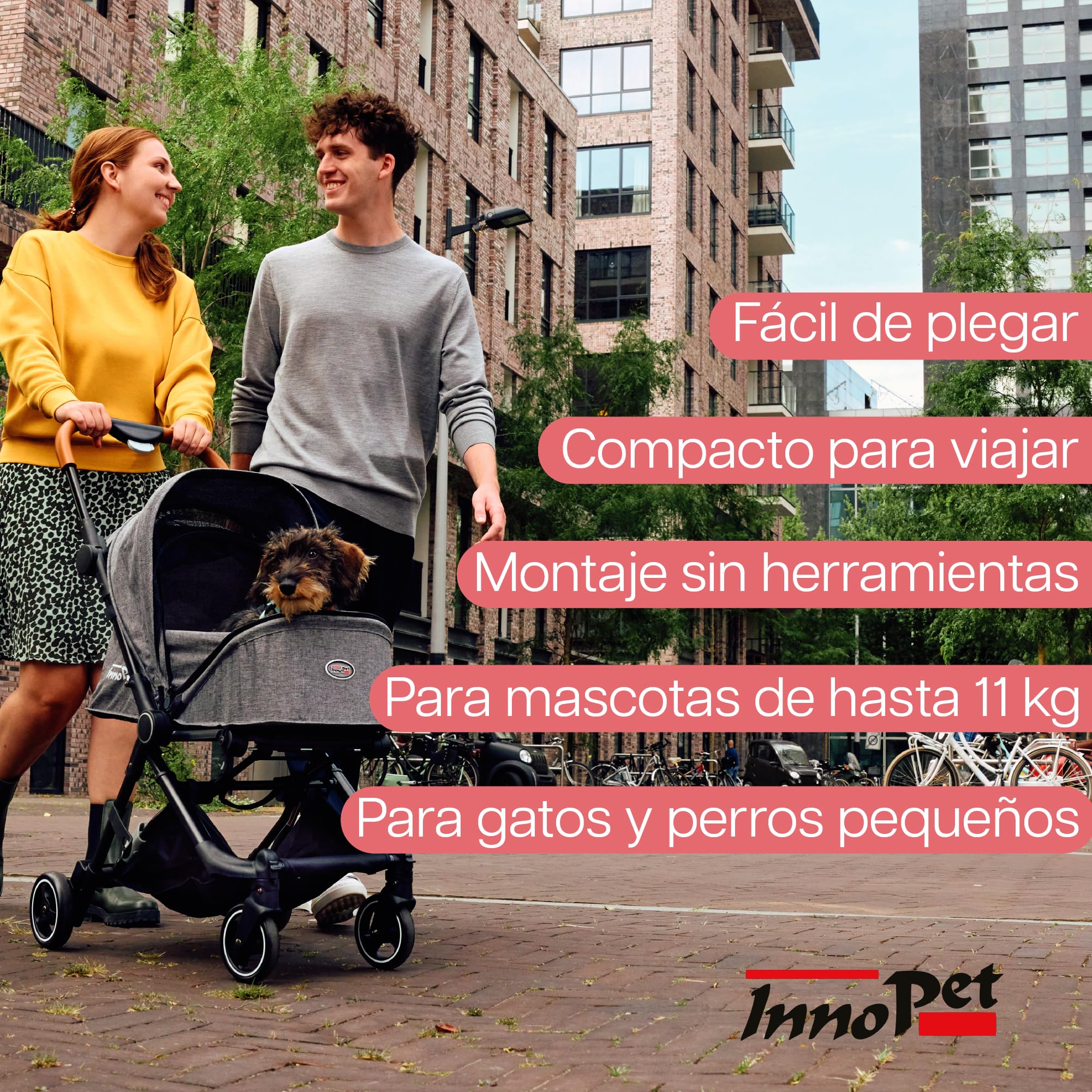 Innopet City carrito gris - Cochecito compacto para perros y gatos hasta 11kg, plegado con una mano, barra de cuero sintético y diseño ligero de 4 ruedas