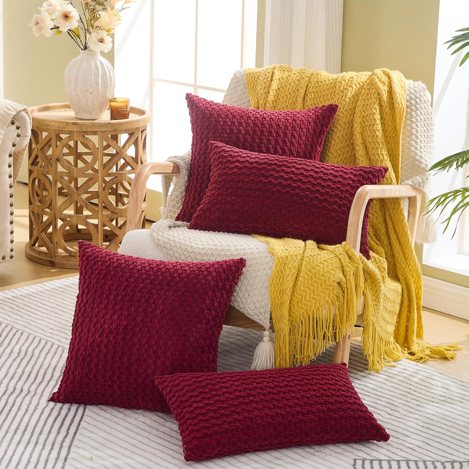 GAWAMAY Decorative Throw Pillow Covers 26x26 Inch Set of 2 for Living Room Couch Bed Sofa, Farmhouse Square Cushion Cover Soft Striped Corduroy Pillow Cases Boho Accent Home Decor (66x66cm) Dark Red