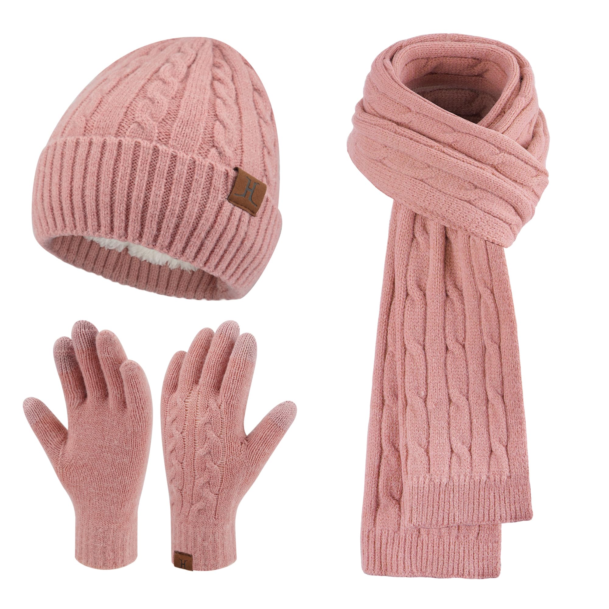 ZASFOU Zestaw zimowy - damska czapka, szalik, rękawiczki do ekranu dotykowego, termiczna, dzianinowa czapka beanie, szalik zimowy, rękawiczki zimowe, prezent dla kobiet, Rosa, jeden rozmiar