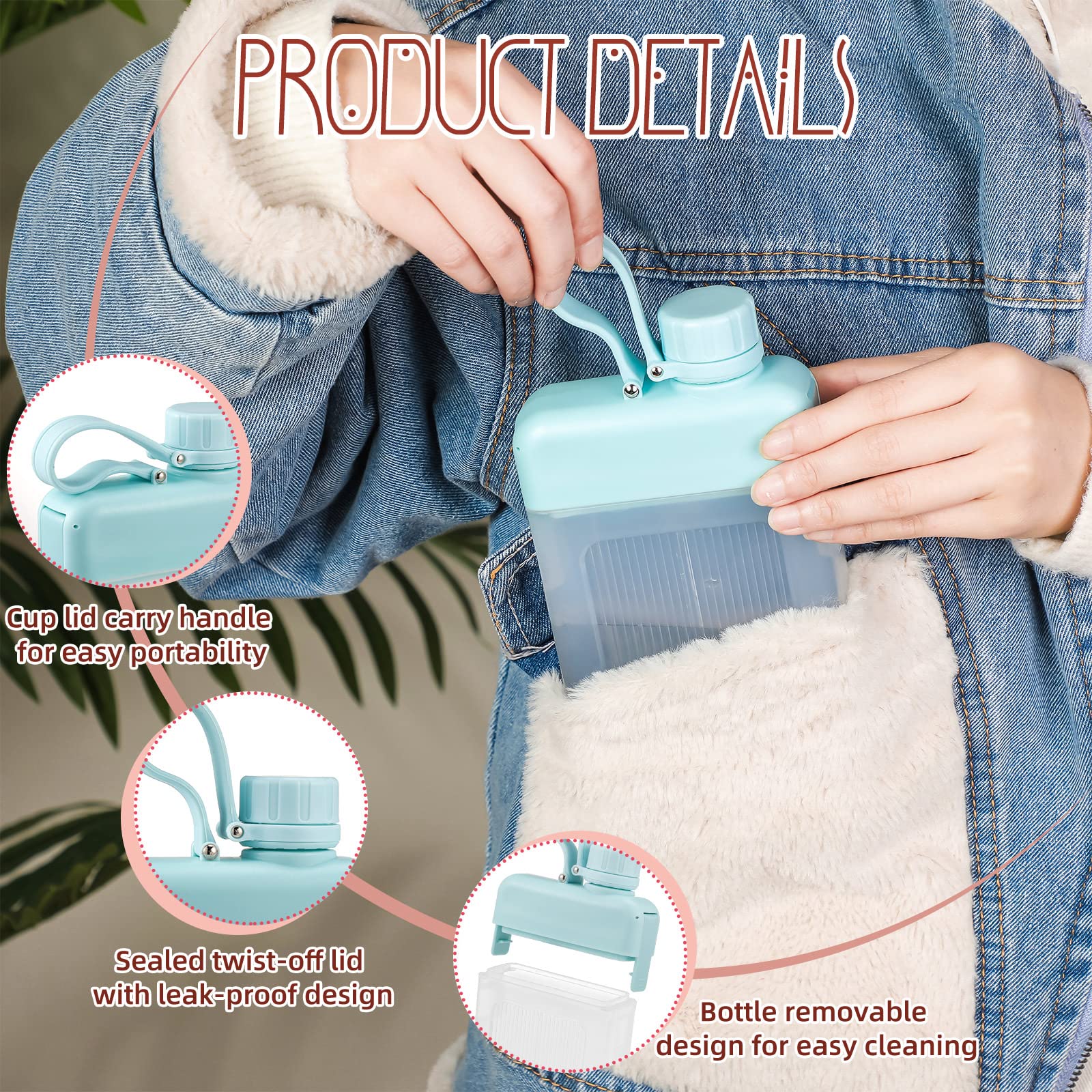 Amyhill 3 Pcs Flat Water Bottle 15oz A5 Travel Flask Leak Proof Slim Square Memo Bottles Plastic Portable Travel Mug for Outdoor Sports Fitness Camping Hiking Cycling (White, Pink, Green)