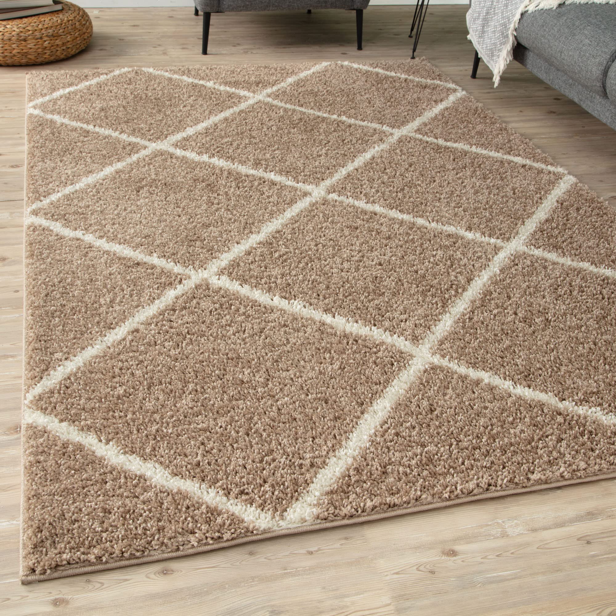 THE RUGS Shaggy Rug, Modern Moroccan Design Rugs for Living Room Bedroom, Hallway, 3 cm Thick Area Rugs, (Diamond Beige/Ivory