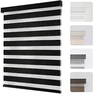 Joydeco Cordless Zebra Blinds for Windows, Dual Layer Light Control Window Blinds with Light-Proof Aluminum Cover, Free-Stop Roller Shades for Home & Office (Black,55" W x 75" H)