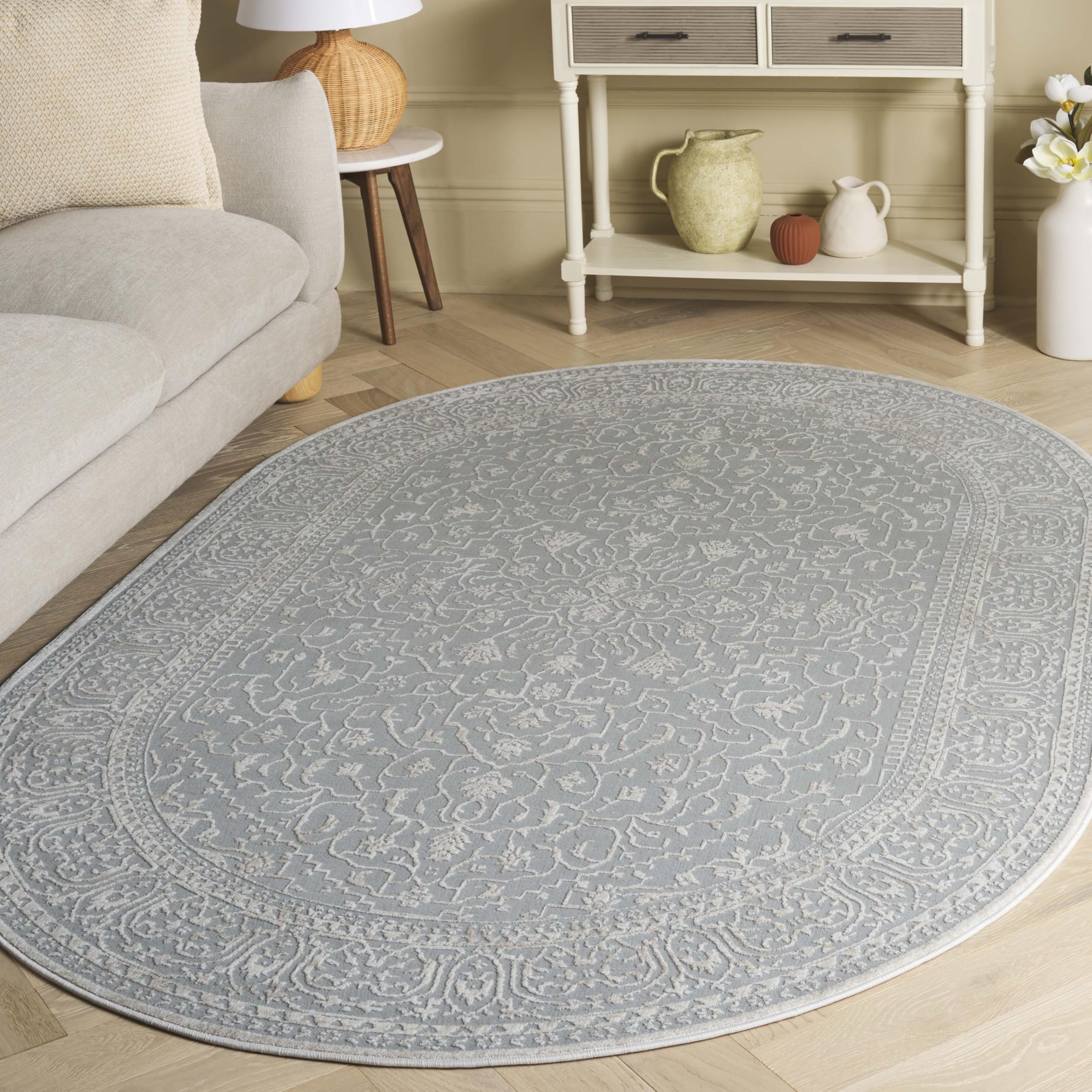 SAFAVIEH Reflection Collection Area Rug - 5'1" x 7'6" Oval, Light Grey & Cream, Non-Shedding & Easy Cleaning, Ideal for Living Room, Bedroom (RFT670C)