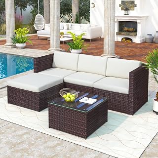 Garden Corner Sofa Rattan Corner Sofa Garden Furniture Patio Set Garden Entertaining Set Garden Rattan Furniture Lounge Set (Brown)
