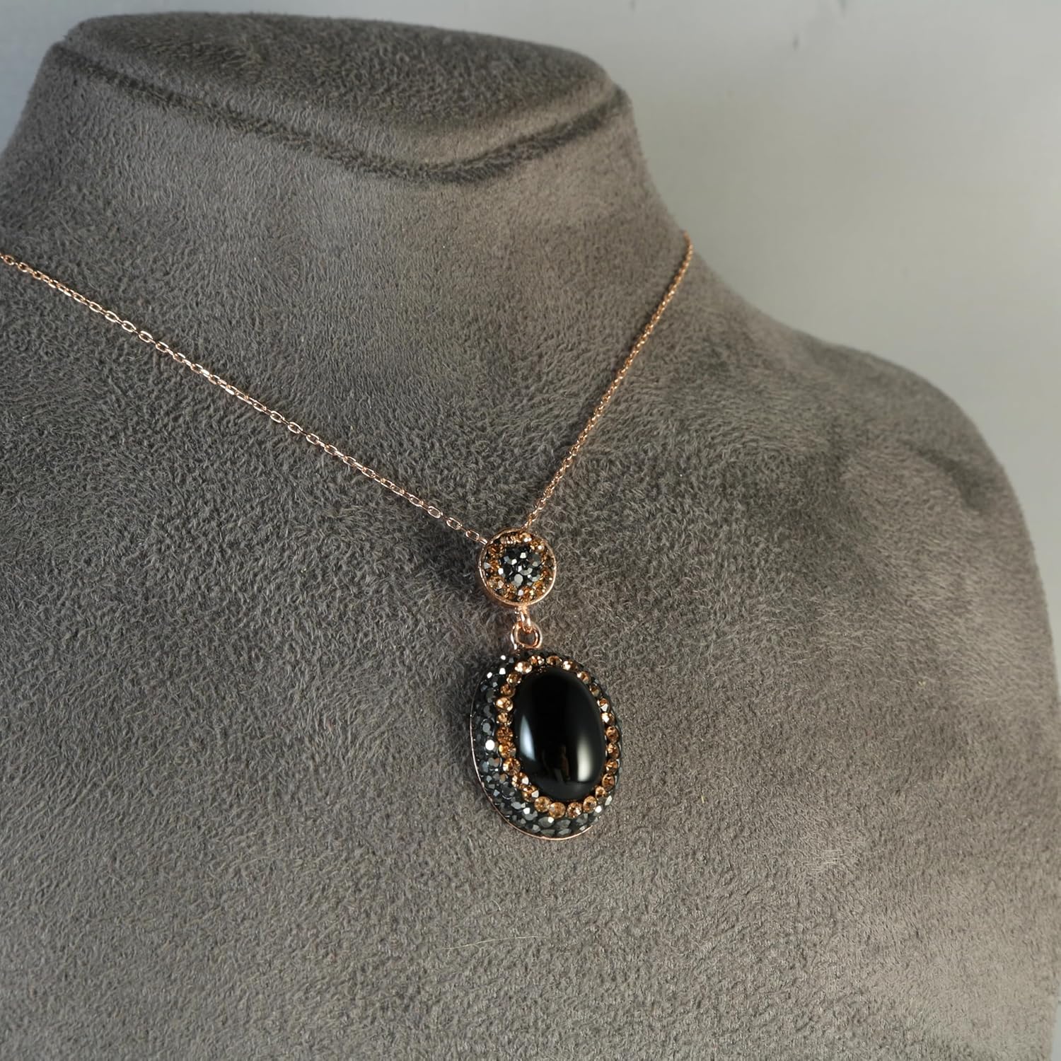 Rose Gold Sterling Silver 925 Oval Stone Pendant Necklace with Zircon Crystals 16+2'' Adjustable Chain for Women