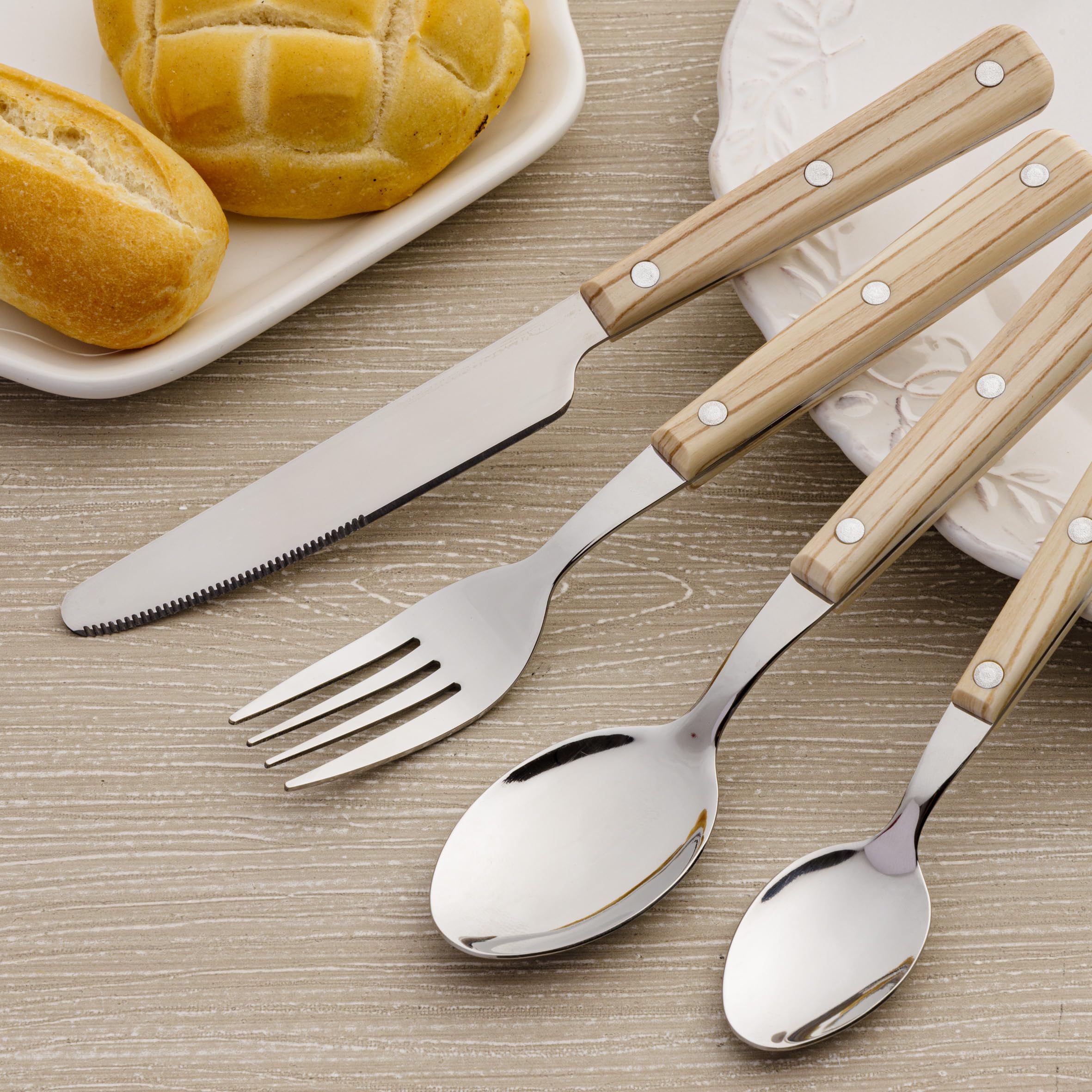 Baroni Home Juego de Cubiertos de Acero Inoxidable de 24 piezas con Mango de Madera de Resina para 6 Personas, Aptos para Lavavajillas, Tenedor, Cuchillo, Cuchara, Cucharilla, Cuchara de Postre