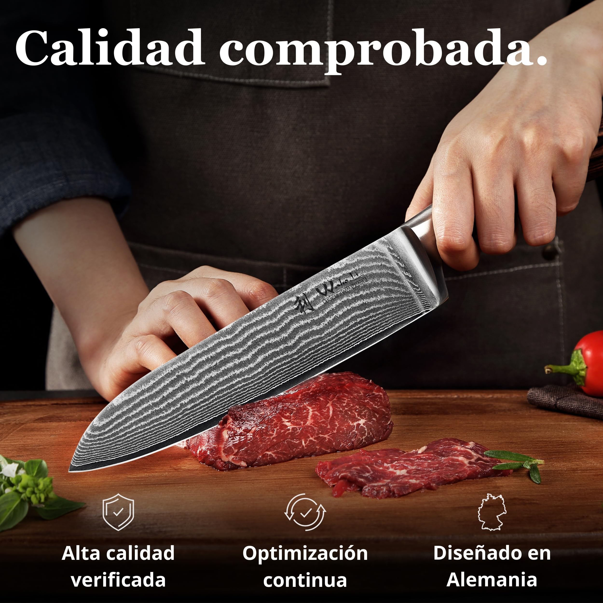 WAKOLI EDIB cuchillo Santoku de 17 cm en acero de damasco de 67 capas con núcleo VG10, mango de madera Pakka, para carne, pescado y verduras, con caja de regalo