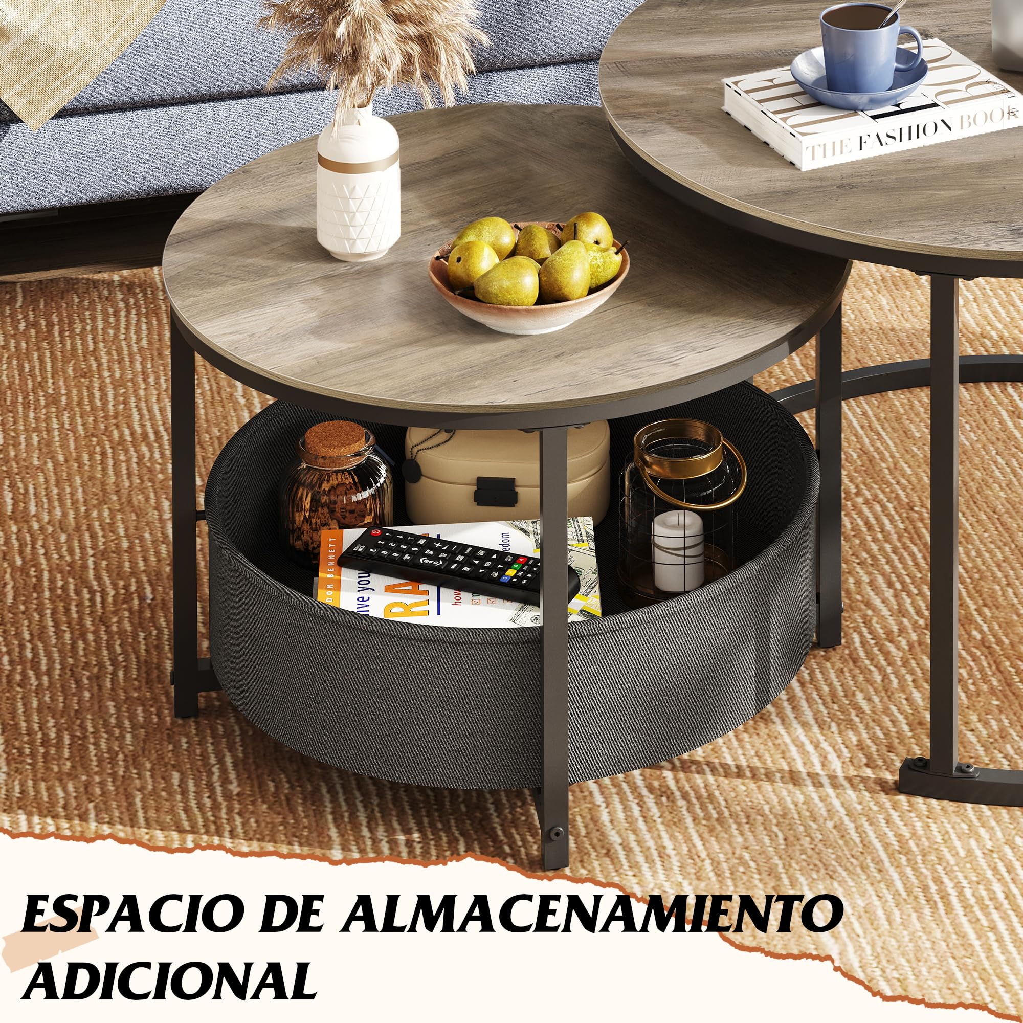 WLIVE Mesa de Centro Juego de 2, Mesa Auxiliar Redonda con Almacenamiento, Mesa de Salón de Madera con Estructura Metálica (Gris Negro, 80 y 60 cm de diámetro)