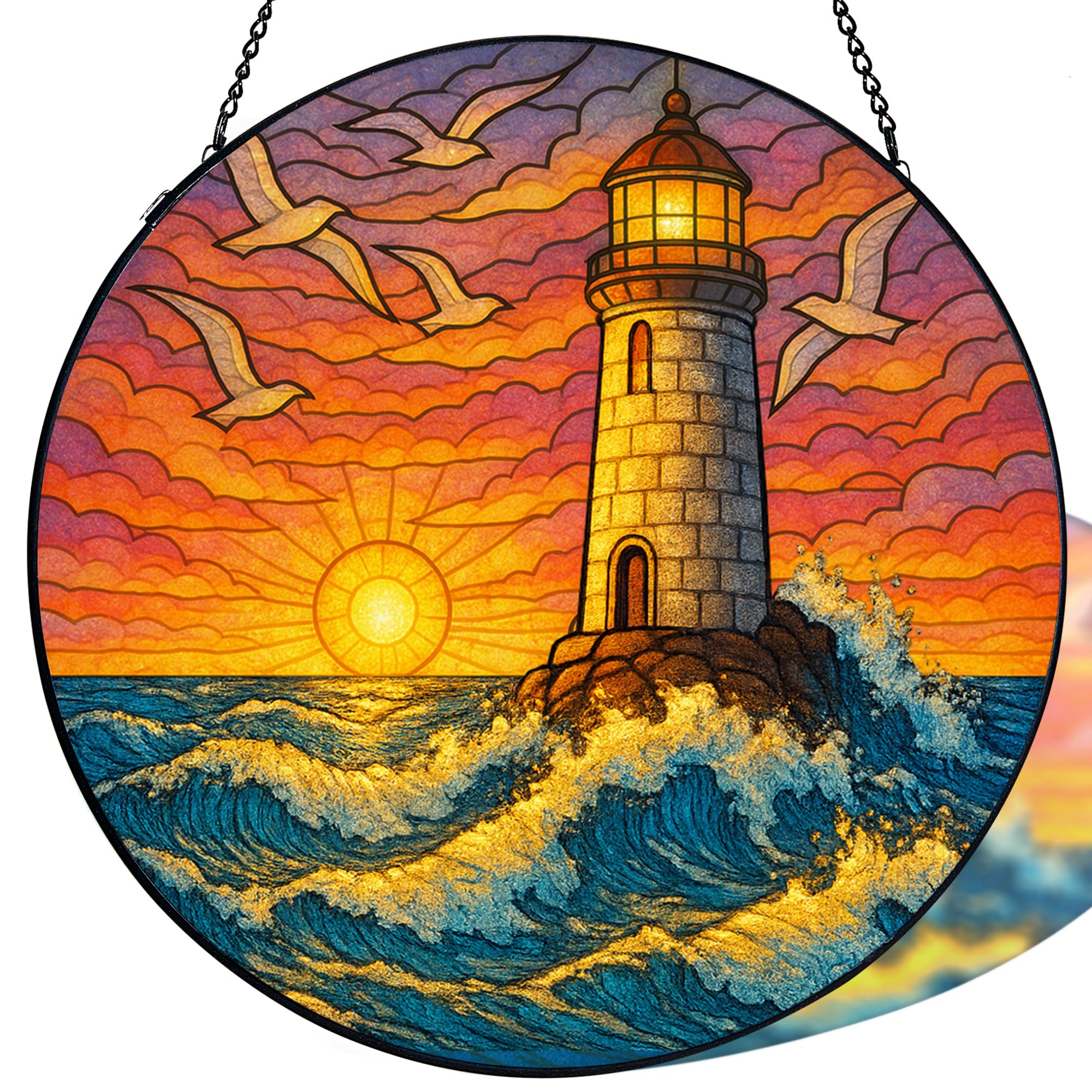 Stained Glass Window Hanging,Lighthouse Sun Catchers Stained Glass Panels for Indoor Windows Wall Art Decor, Memorial Gift for Mom Women Wife Men Lovers (7.87inch)