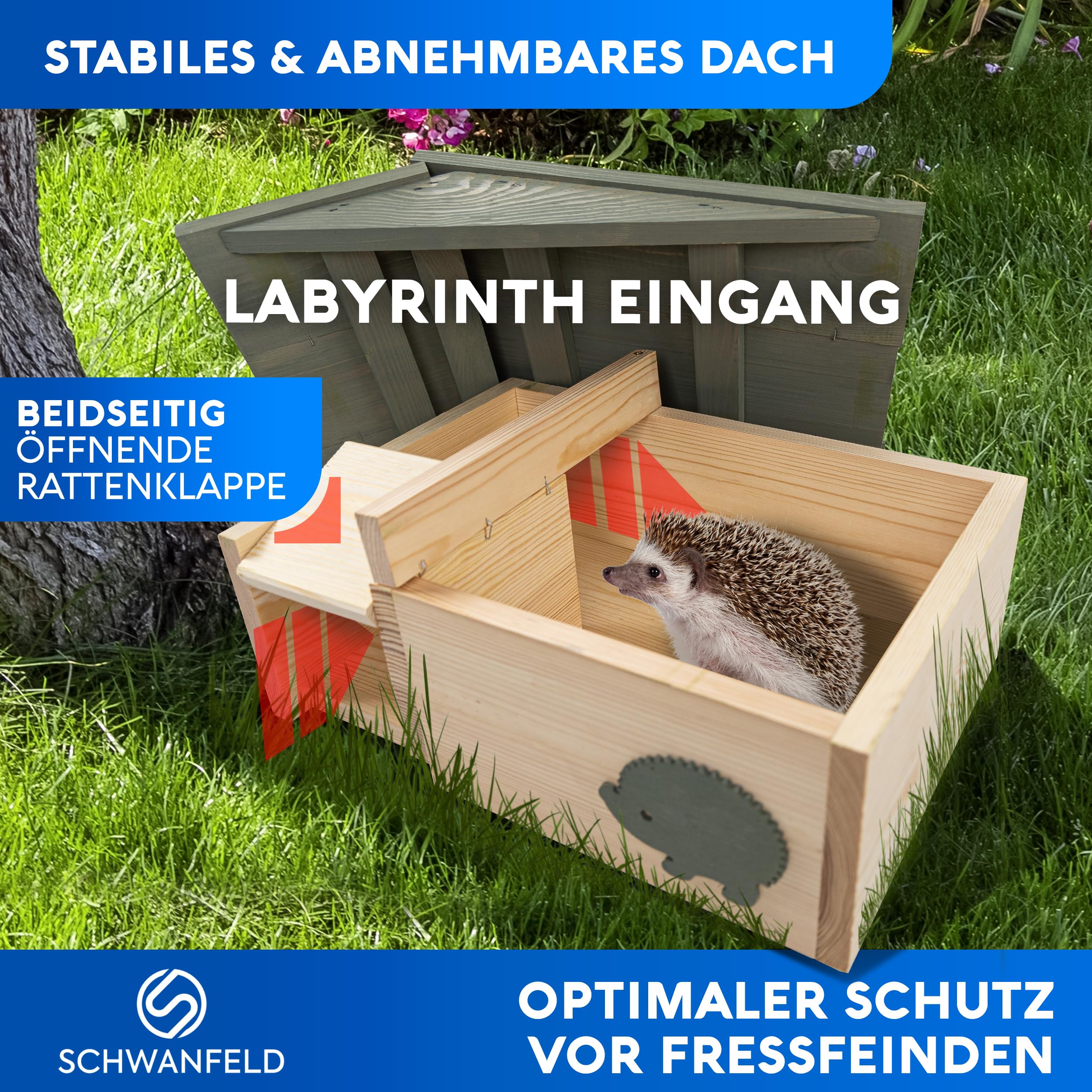 SCHWANFELD® XXL Igelhaus Winterfest mit Boden [SCHÜTZT VOR FRESSFEINDEN] - Igelhaus mit Rattenklappe - Premium Igelfutterhaus mit Labyrinth Eingang - Hochwertige Igelhäuser Igel Haus - Igel Schlafhaus