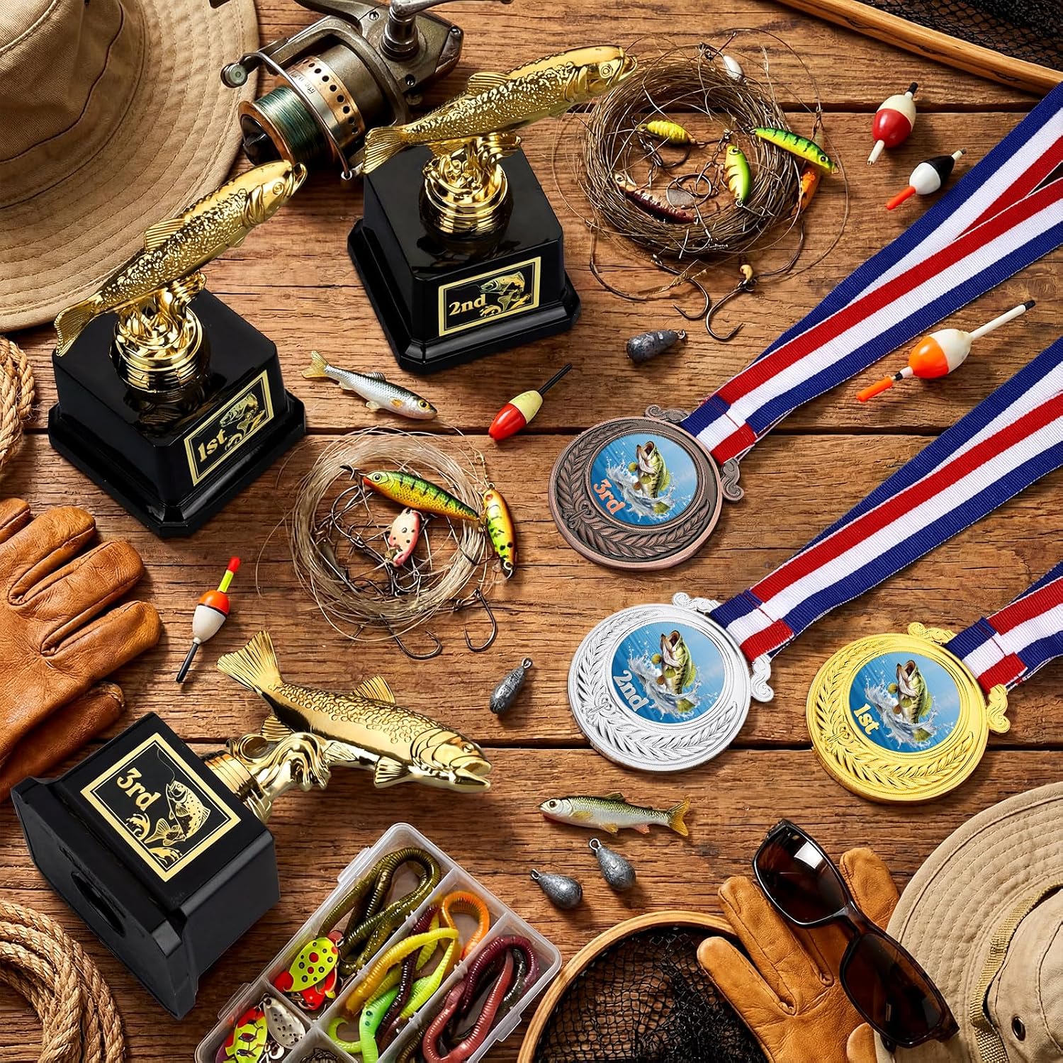 Liliaafar 6 Pcs Fishing Derby Award Set Include 5" Fishing Reward Trophy Medals with Neck Ribbons Funny Gold and 1st 2nd 3rd Prize Stickers for Teens Adults Fisherman Competition