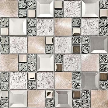 Hominter Brown, Gray & Rose Copper Mosaic Sheet 12x12 Mesh Mounted - Luxury Glass Mix Metal Backsplash Tile for Kitchen Backsplash, Bathroom and Accent Wall Decor (6 Square Feet)