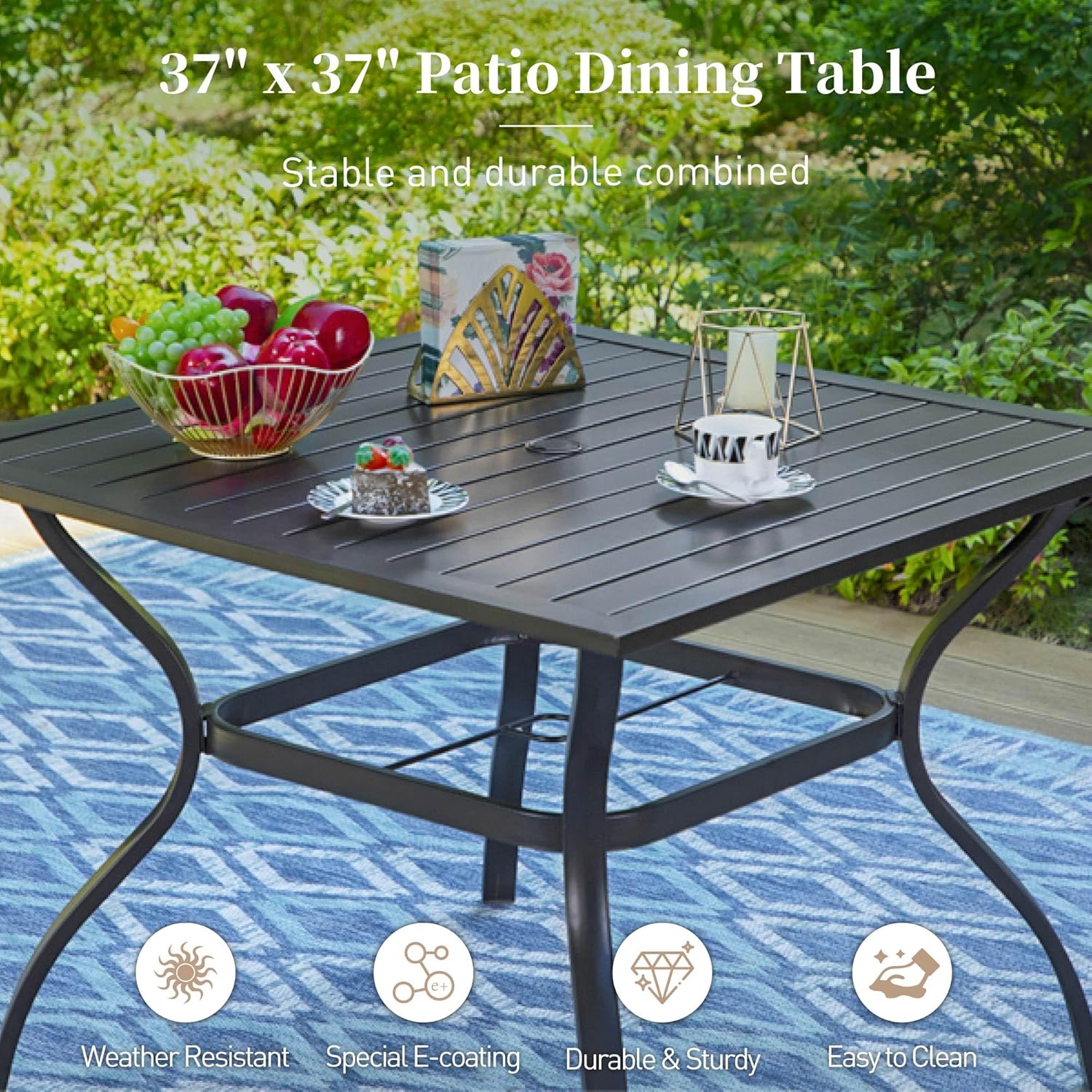 5 Piece Patio Dining Set for 4, 37”x37” Square Table with Umbrella Hole, 4 Metal Brown Chairs, Outdoor Table and Chairs Set for Lawn Backyard and Deck