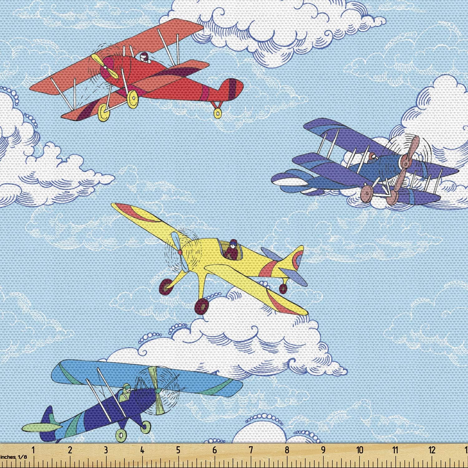 Ambesonne Vintage Airplane Fabric by The Yard, Colorful Sketch Style Propeller Airplanes Vacation Transportation Theme, Decorative Fabric for Upholstery and Home Accents, 5 Yards, Multicolor