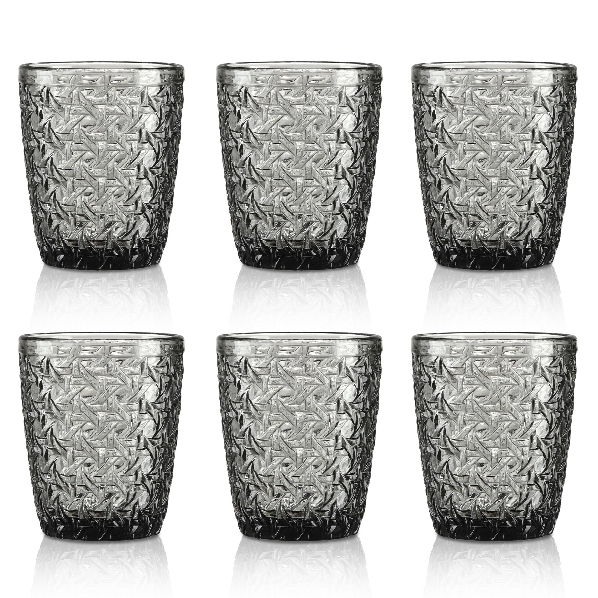 Joeyan Gris Verre a Eau,Empilable Verres à Boire Gobelet Vintage en Relief Fleur,pour Jus Boissons Bière Cocktail,300 ML,Lot de 6,Sécurité au Lave Vaisselle