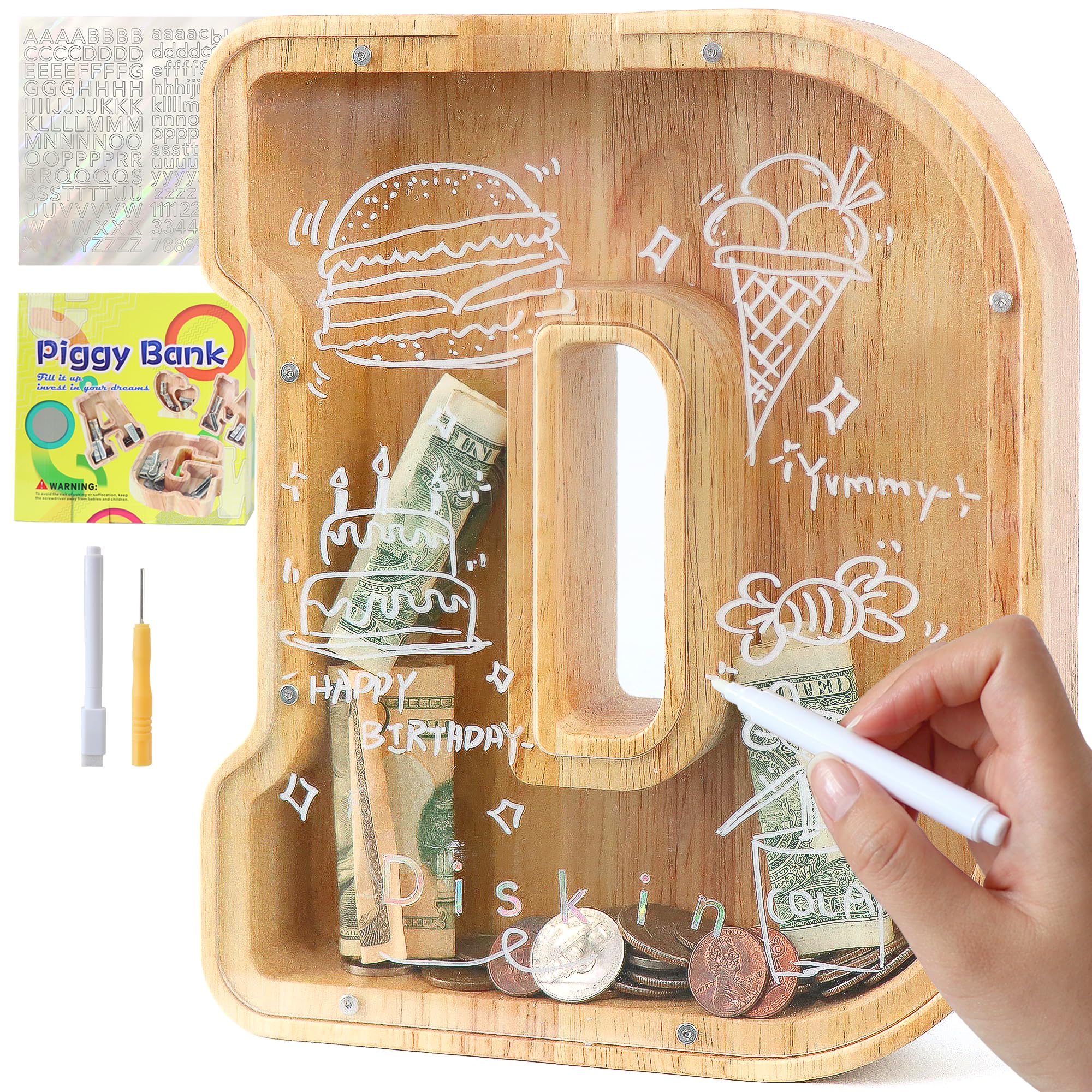 Lakpopya Spardose für Kinder Jungen Mädchen Sparschwein Kinder Spardose Personalisiert Durchsichtig Spardose Buchstabe Holz A-Z mit Zielbereich & Aufkleber & Marker, Taufe Geschenk Dekoration (D)