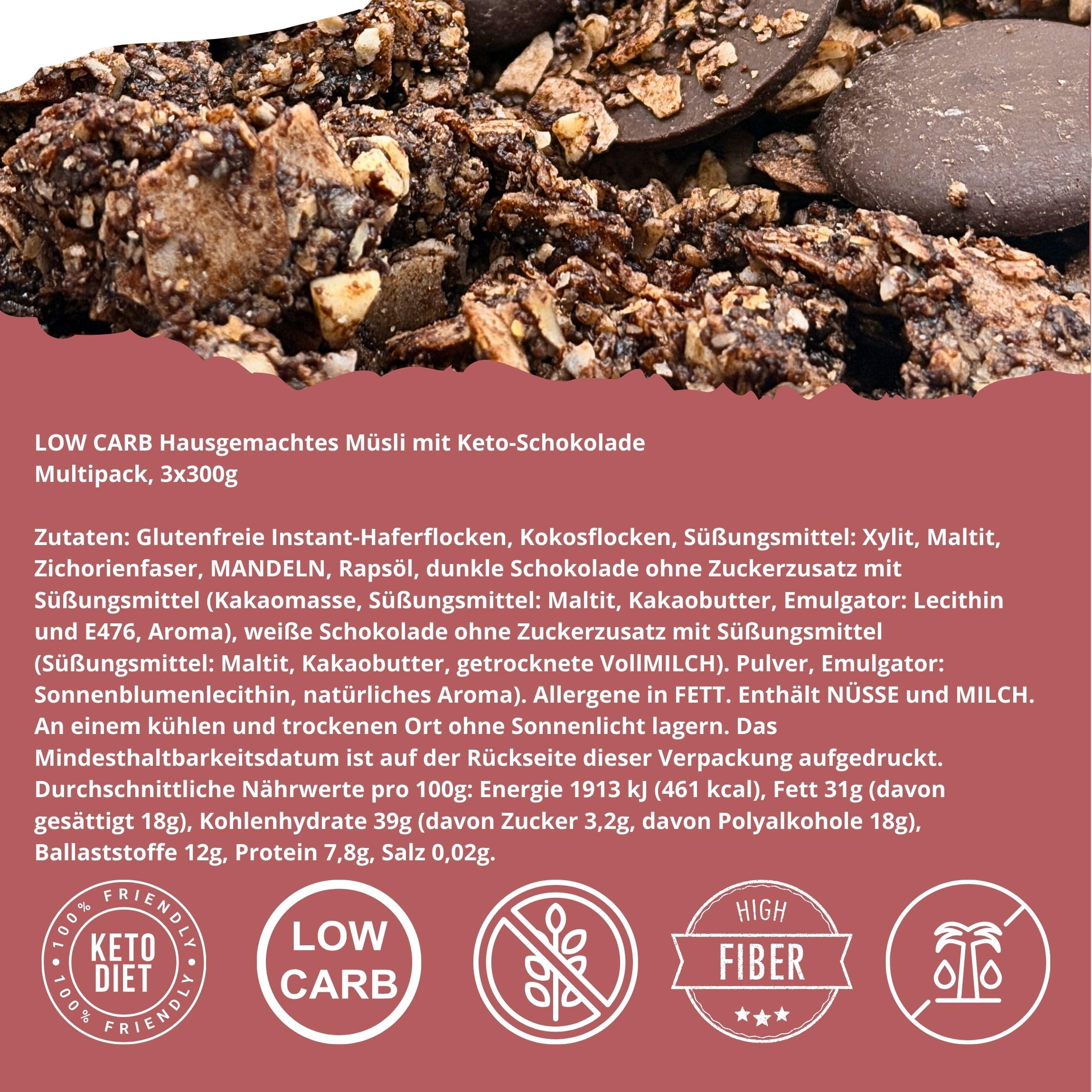 CRUNCHOLOGY Keto Granola Senza Zucchero - Granola Cioccolato, Low Carb Musli, Glutenfree | Cereali Senza Glutine | Muesli Senza Zucchero | Paleo Chetogenico confezione 3x300g