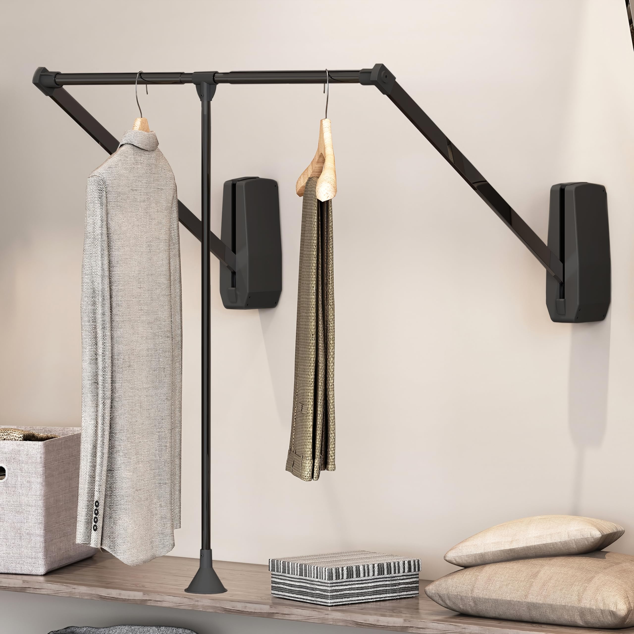 Emuca - Penderie rabattable pour armoire Hang mural, Barre de penderie escamotable, tringle relevable, largeur réglable 600-830mmmm, Noir, Acier et Plastique, 1 u