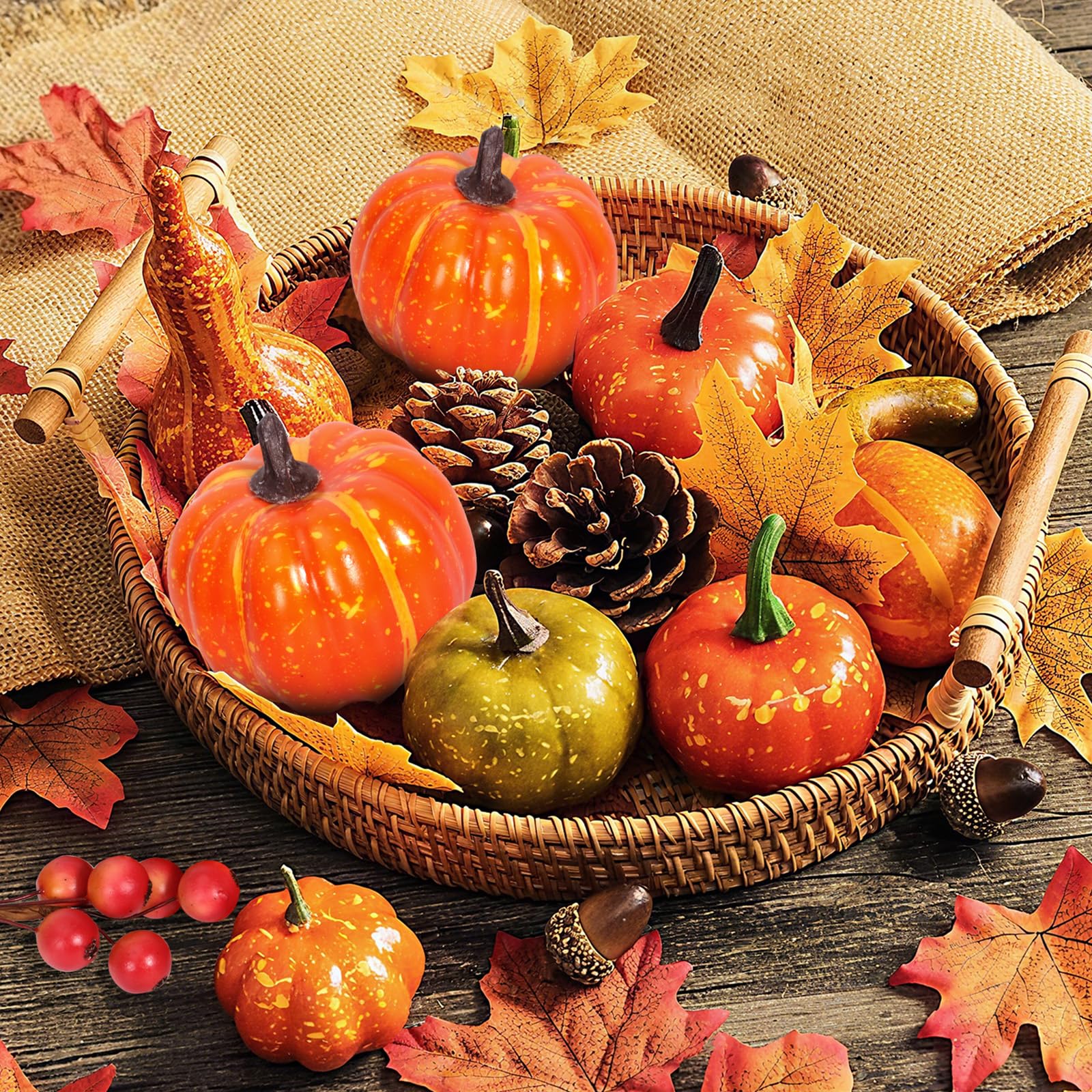 Citrouilles Artificielles, 162 Pièces Décoration de Citrouilles Automne, Mini Fausses Citrouille, Pommes de pin, Feuilles d'érable, Glands, etc, pour Halloween Thanksgiving Decoration Automne