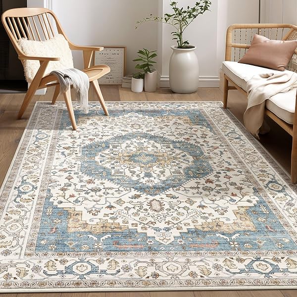 Vintage 7x9 Rugs for Living Room Washable Area Rug Blue/Beige