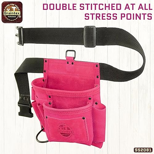 Miniatura 7 de GRAINTEX SS2081 - Bolsa de 5 bolsillos para uñas y herramientas, piel de gamuza de color rosa con cinturón de cincha de 2 pulgadas para