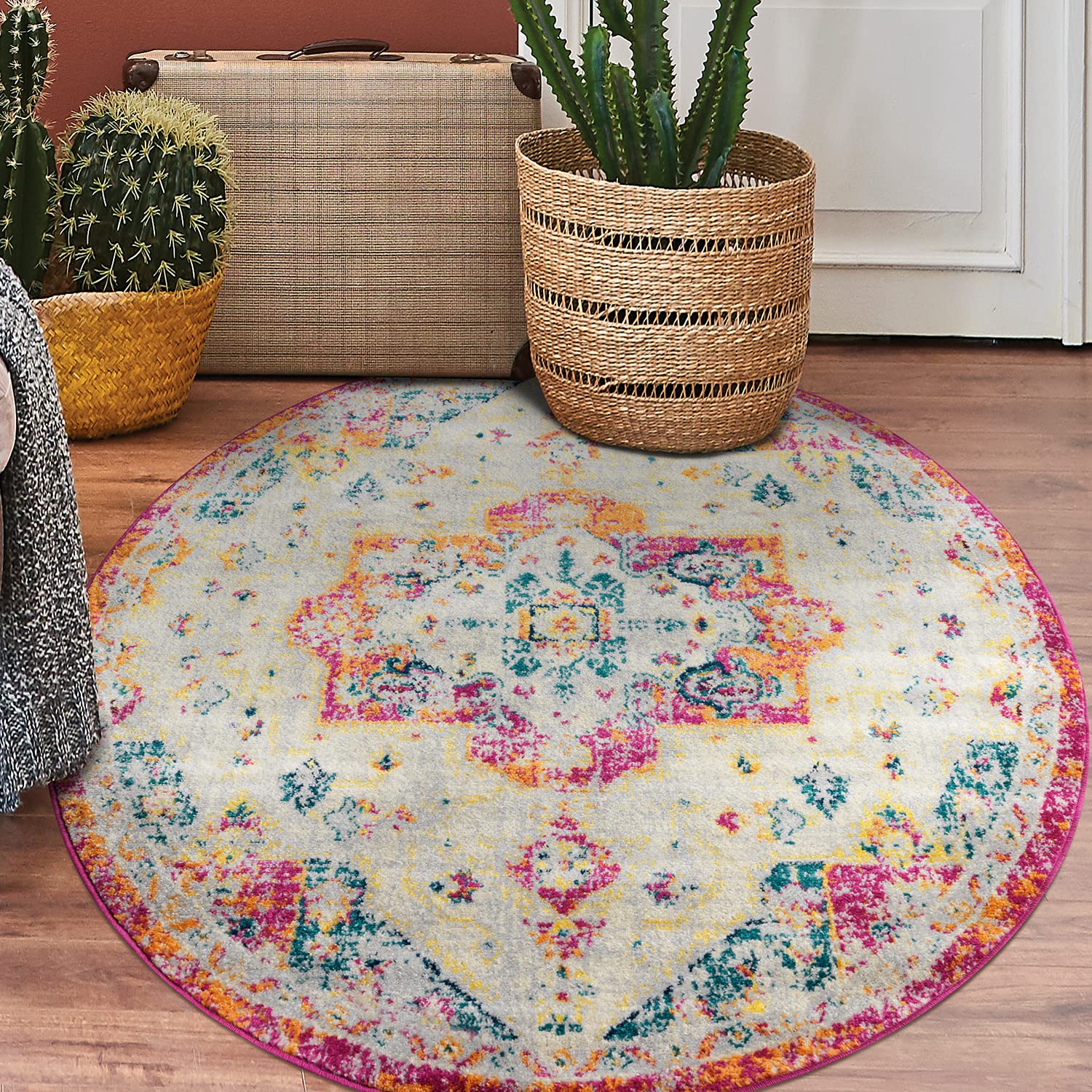Antep Rugs Elite 5x5 Vintage Bohemian Distressed Oriental Medallion Indoor Round Area Rug (Pink, 5' Round)